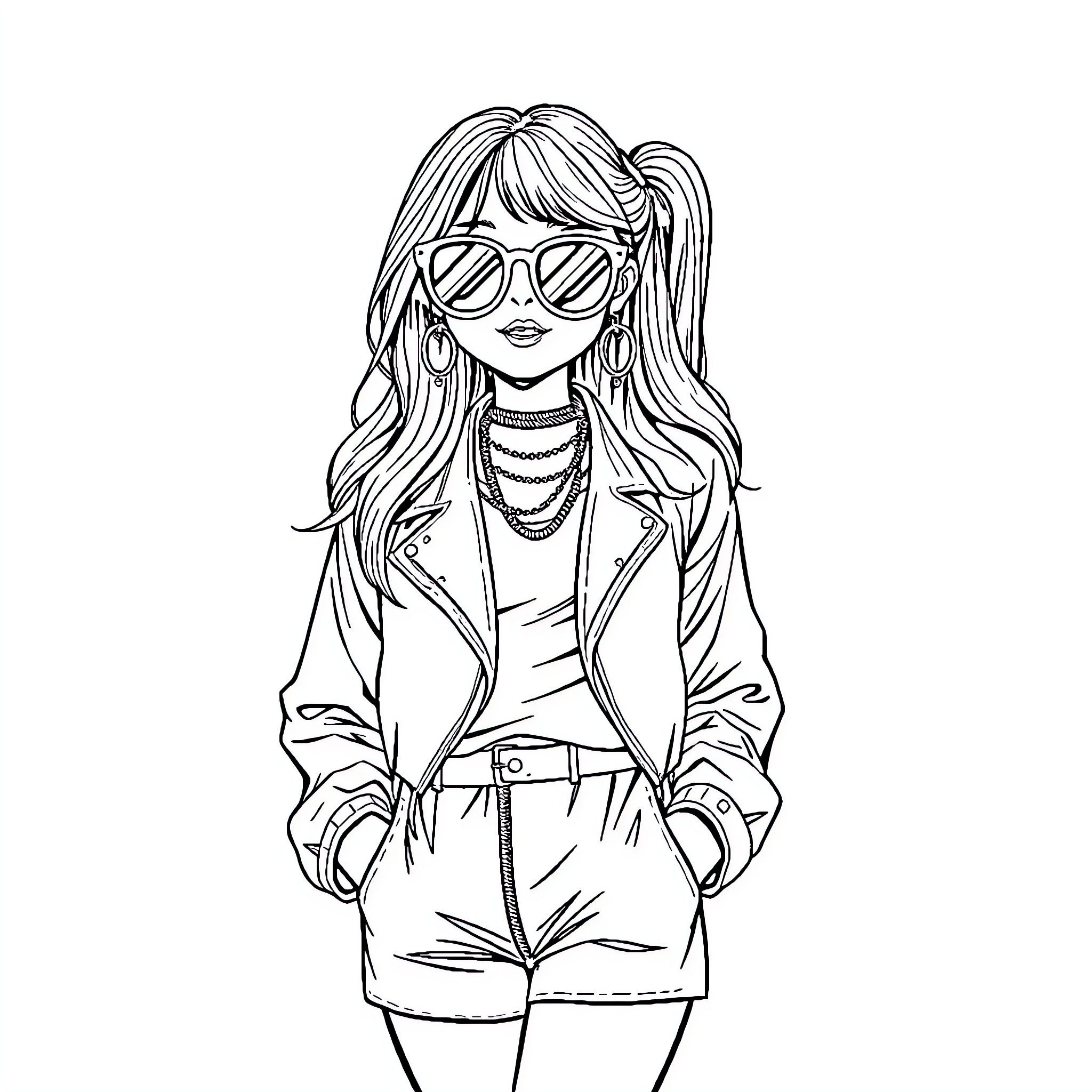 Girl in stylish outfit with sunglasses Coloring Page (free black-and-white line drawing printable PDF for all, from beginners to advanced learners, including children, teens, adults, and seniors)