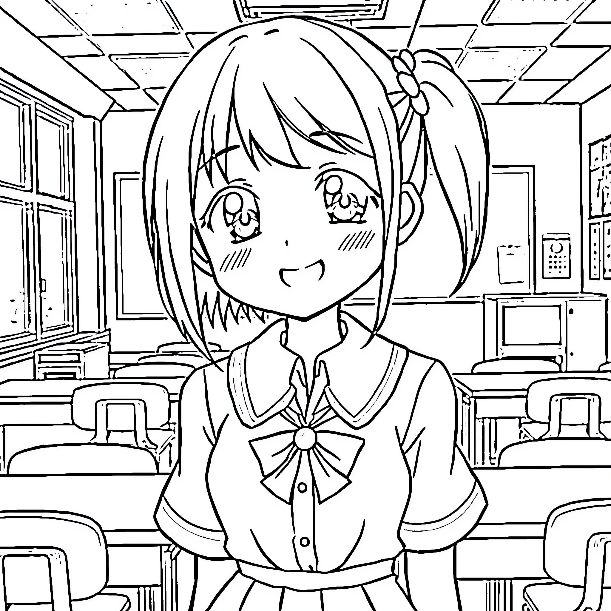 Anime Girl in School Uniform Smiling in Classroom Coloring Page (free black-and-white line drawing printable PDF for all, from beginners to advanced learners, including children, teens, adults, and seniors)