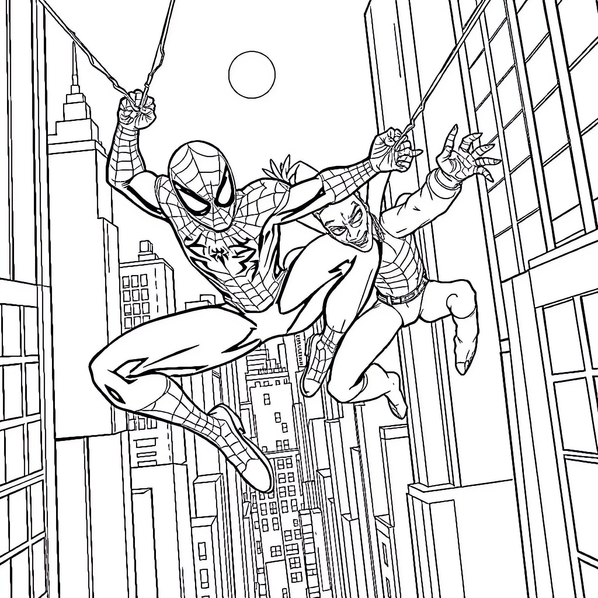 Spiderman swinging through the city at night Coloring Page (free black-and-white line drawing printable PDF for all, from beginners to advanced learners, including children, teens, adults, and seniors)