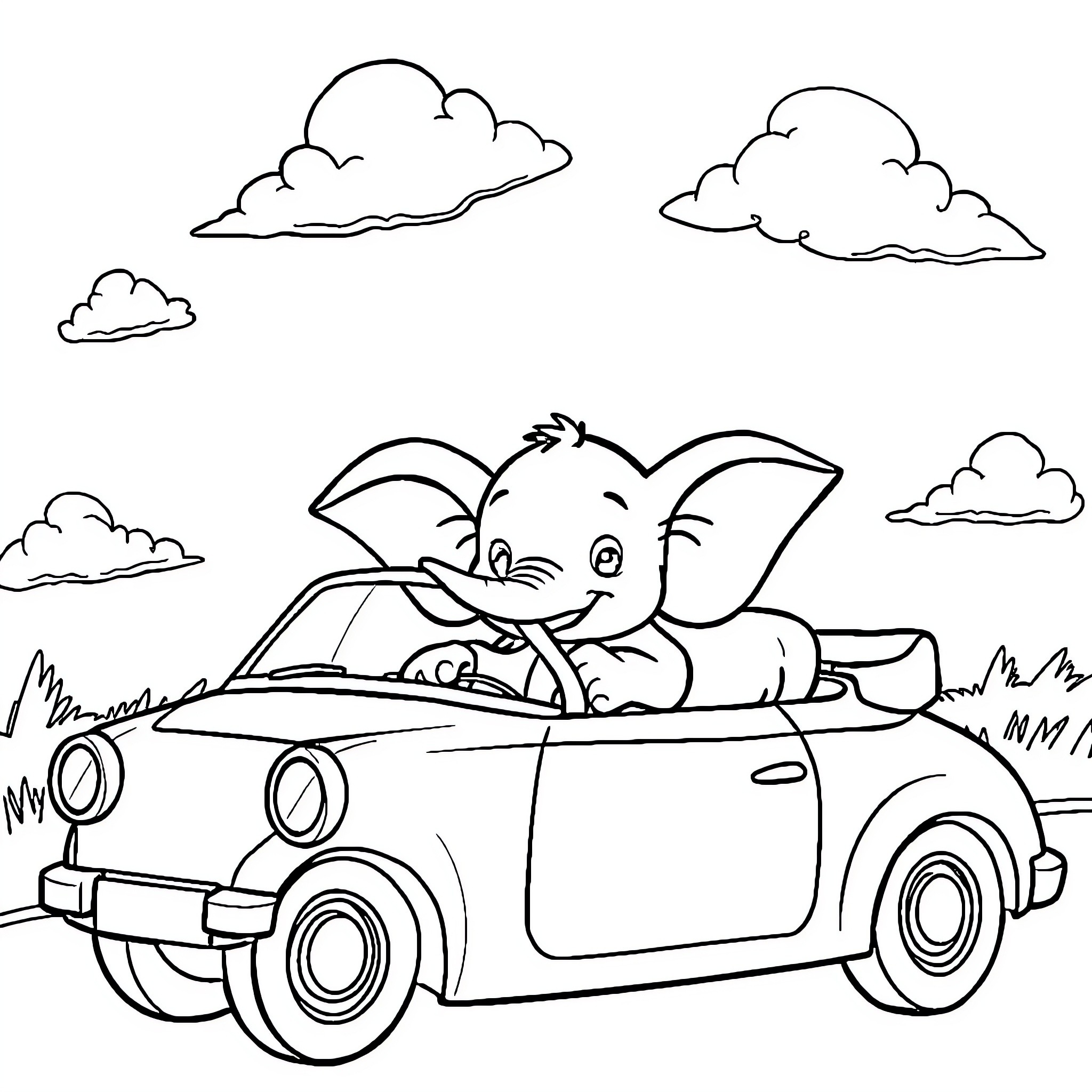 Baby Elephant Riding in a Convertible Car Coloring Page (free black-and-white line drawing printable PDF for all, from beginners to advanced learners, including children, teens, adults, and seniors)