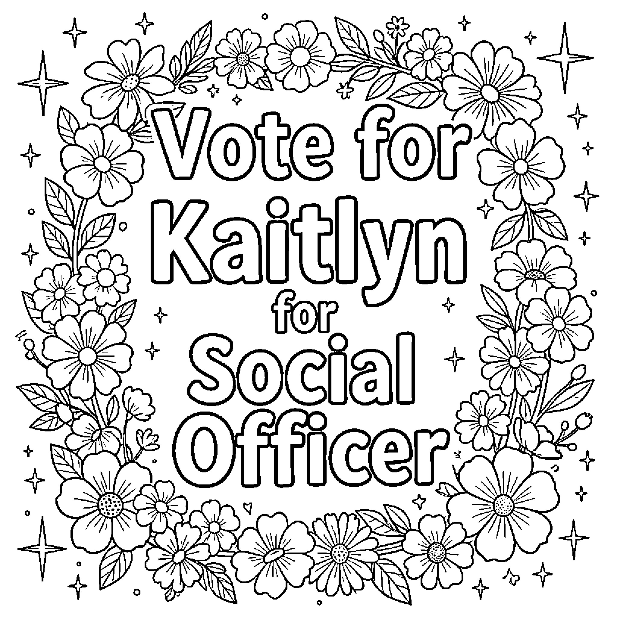 Kaitlyn's Floral Vote for Social Officer Coloring Page (free black-and-white line drawing printable PDF for all, from beginners to advanced learners, including children, teens, adults, and seniors)