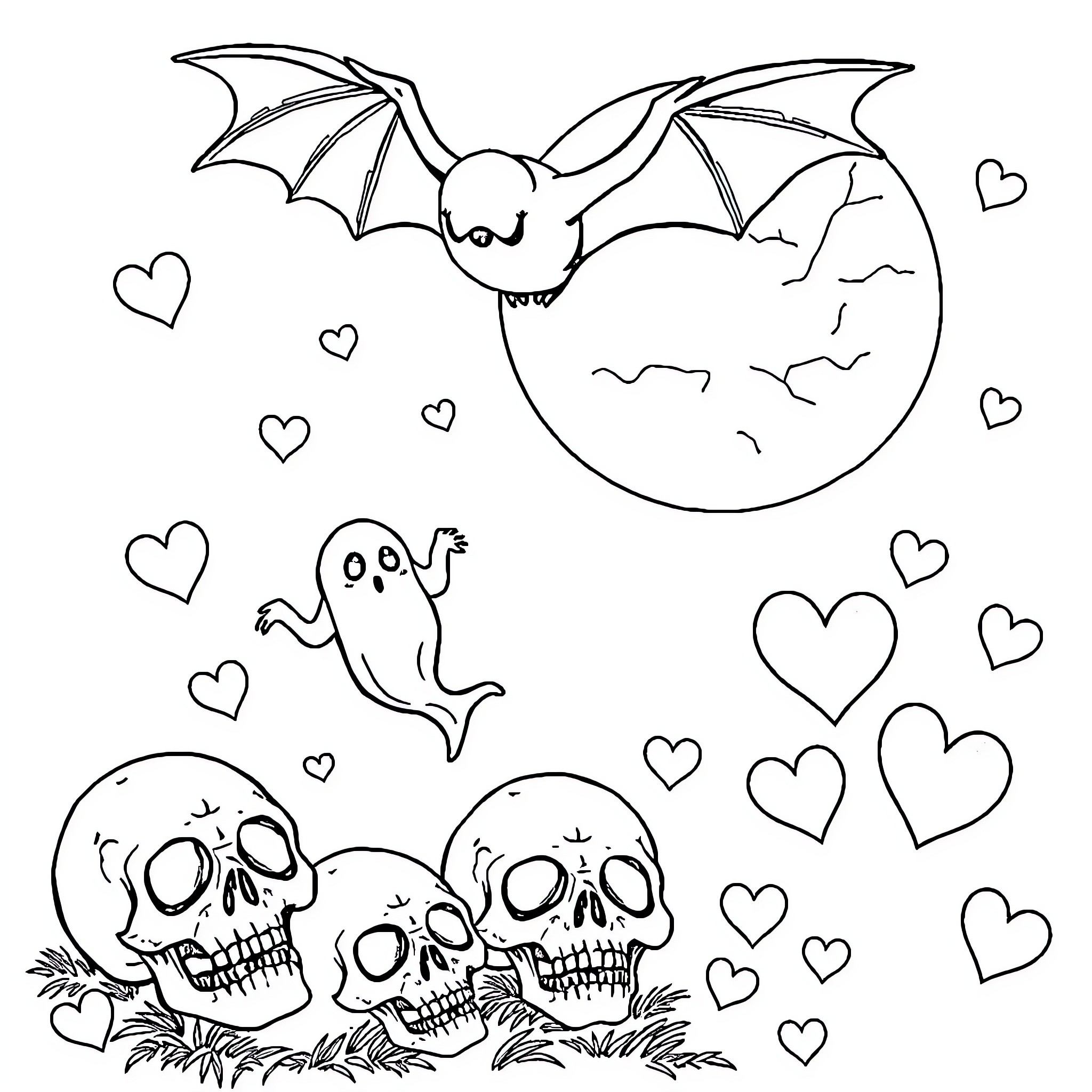 Bat flying amidst spooky Halloween elements Coloring Page (free black-and-white line drawing printable PDF for all, from beginners to advanced learners, including children, teens, adults, and seniors)