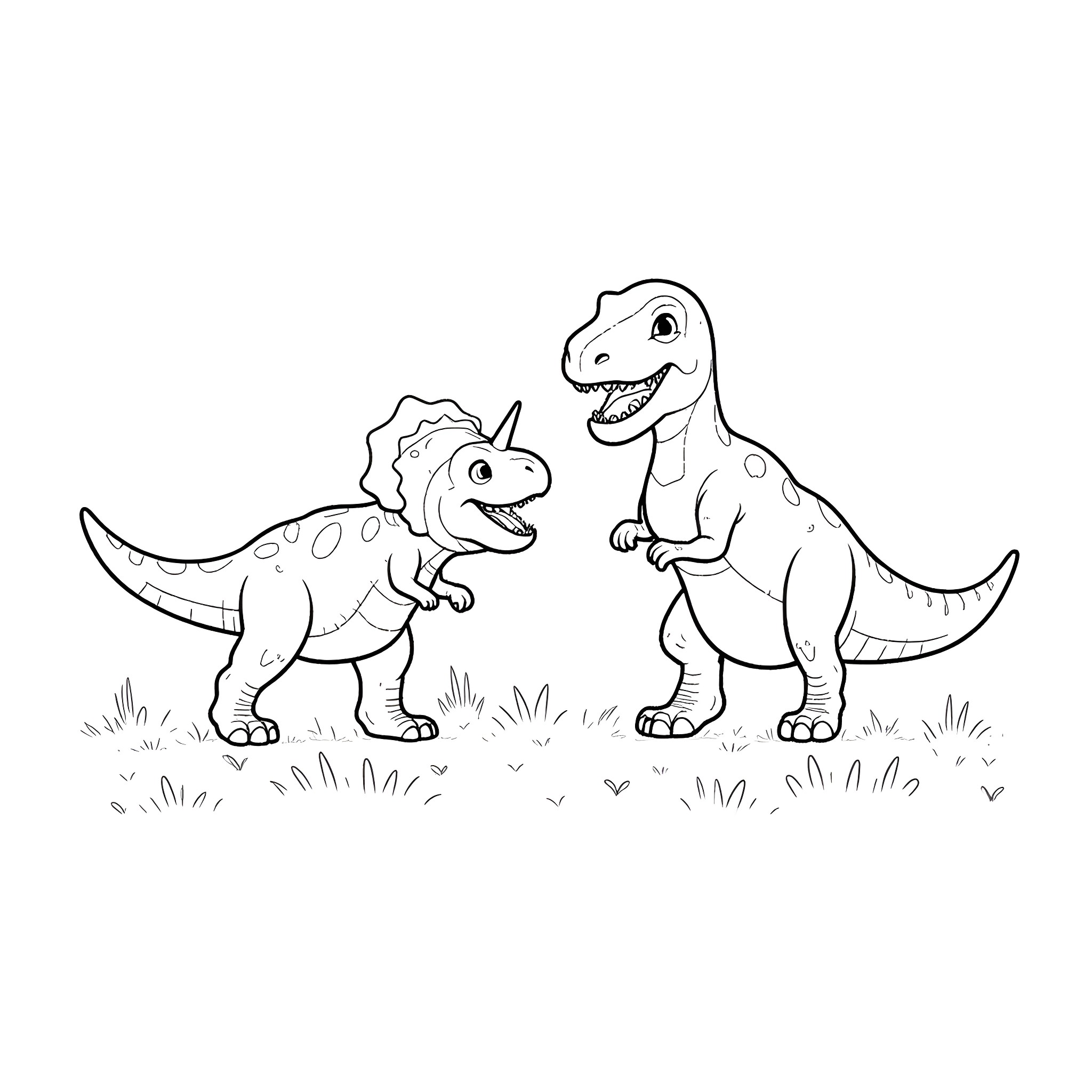 Dinosaurs playing together in a grassy field Coloring Page (free black-and-white line drawing printable PDF for all, from beginners to advanced learners, including children, teens, adults, and seniors)