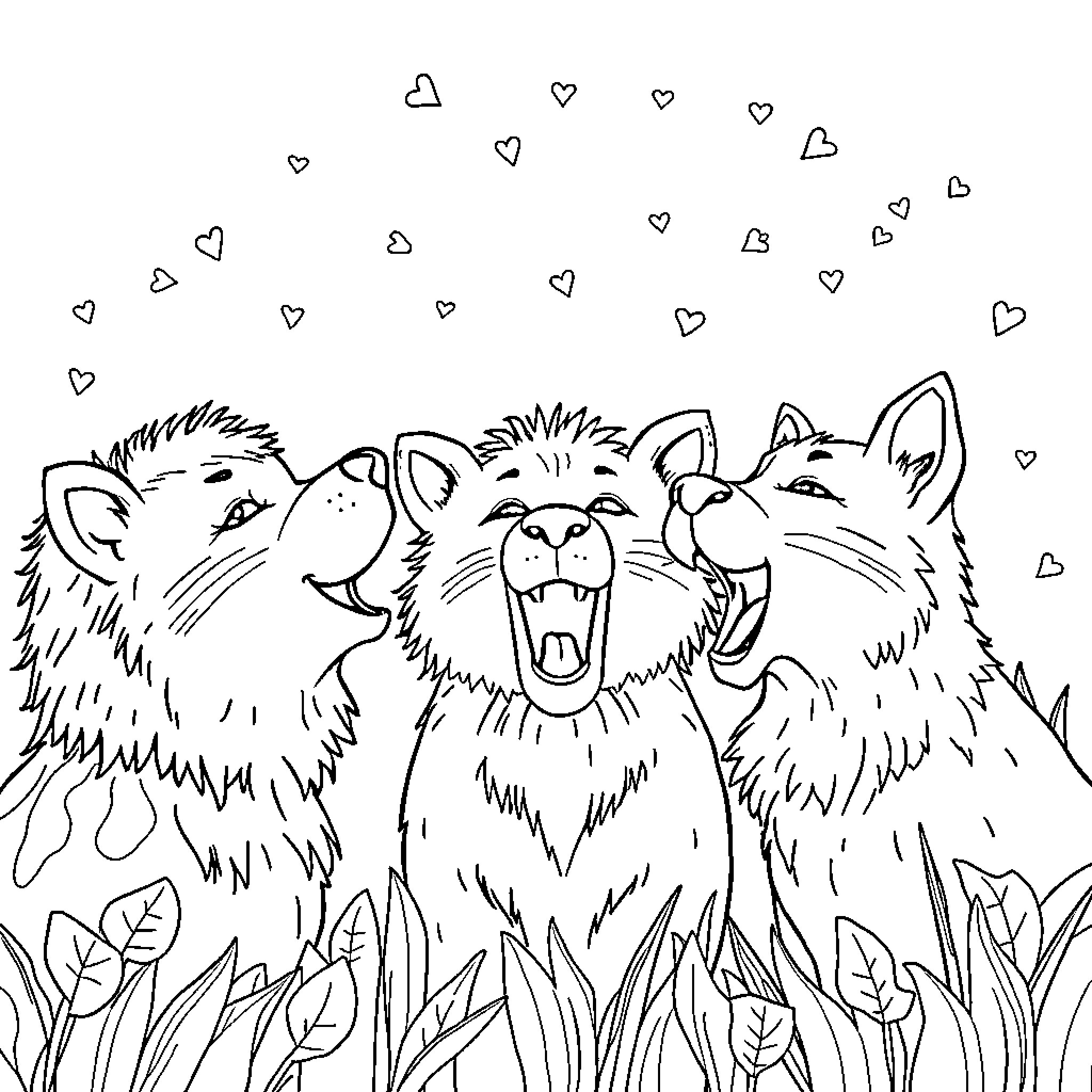 Animal trio expressing affection in nature Coloring Page (free black-and-white line drawing printable PDF for all, from beginners to advanced learners, including children, teens, adults, and seniors)