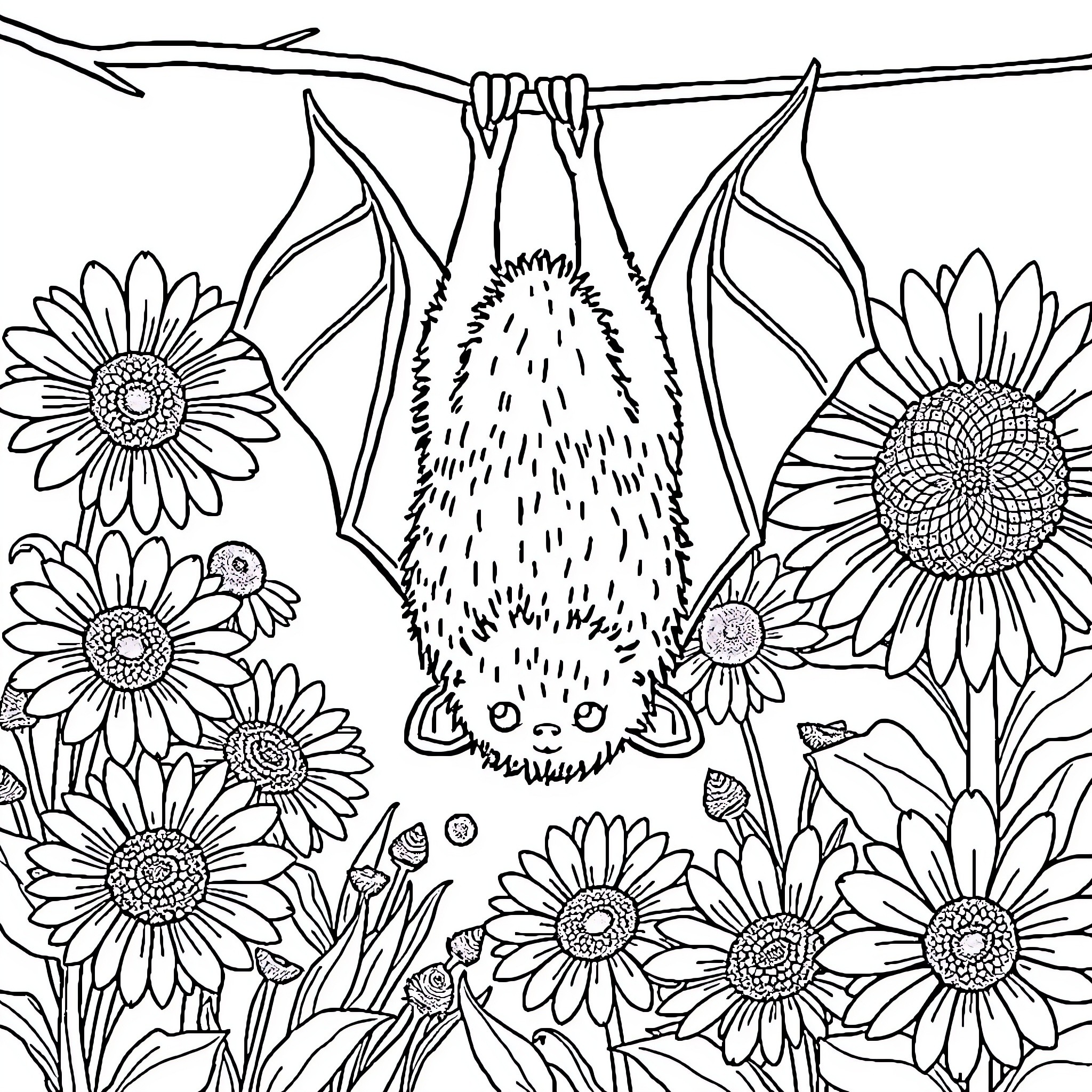 Bat hanging upside down amidst vibrant flowers Coloring Page (free black-and-white line drawing printable PDF for all, from beginners to advanced learners, including children, teens, adults, and seniors)