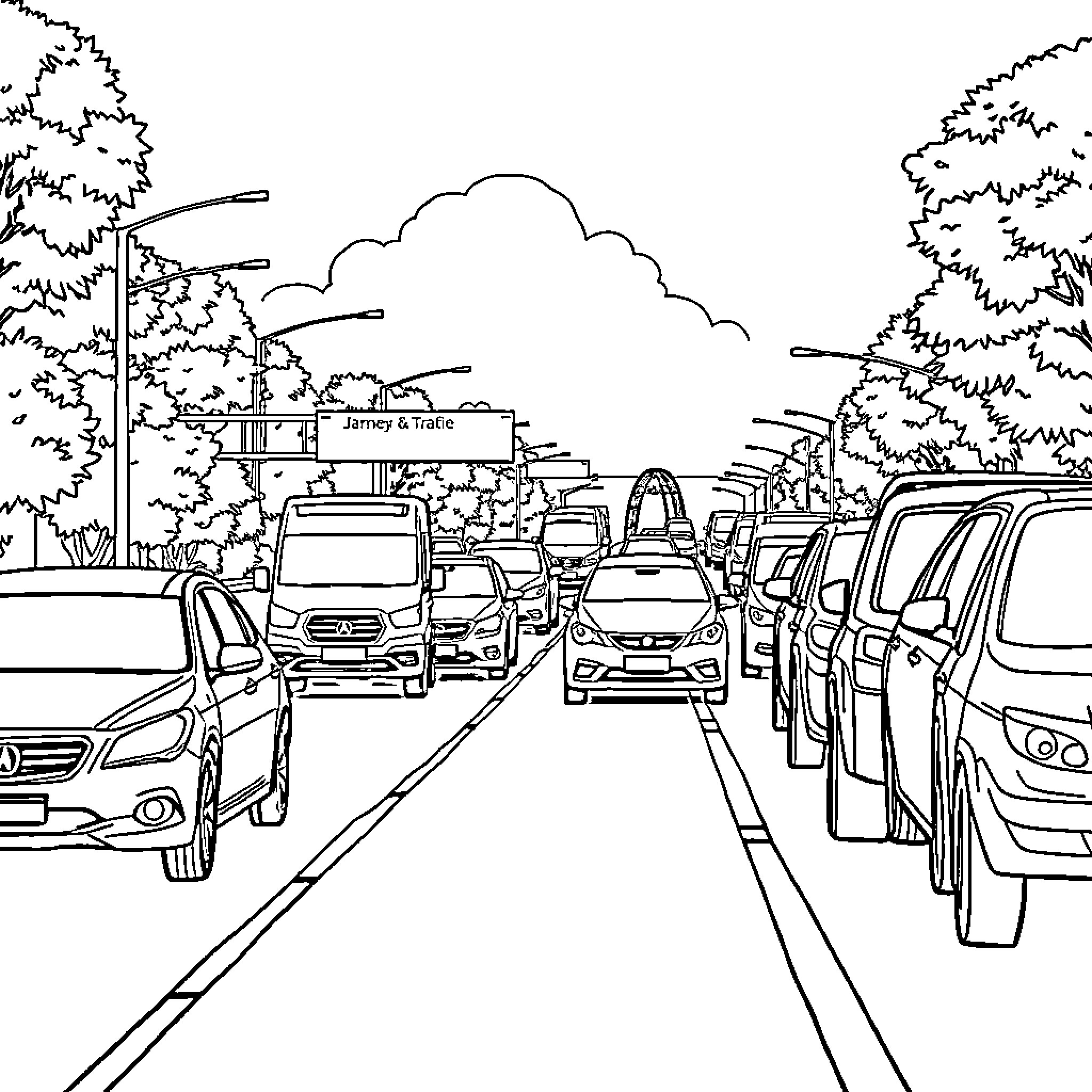 Vehicles in traffic on a busy road Coloring Page (free black-and-white line drawing printable PDF for all, from beginners to advanced learners, including children, teens, adults, and seniors)