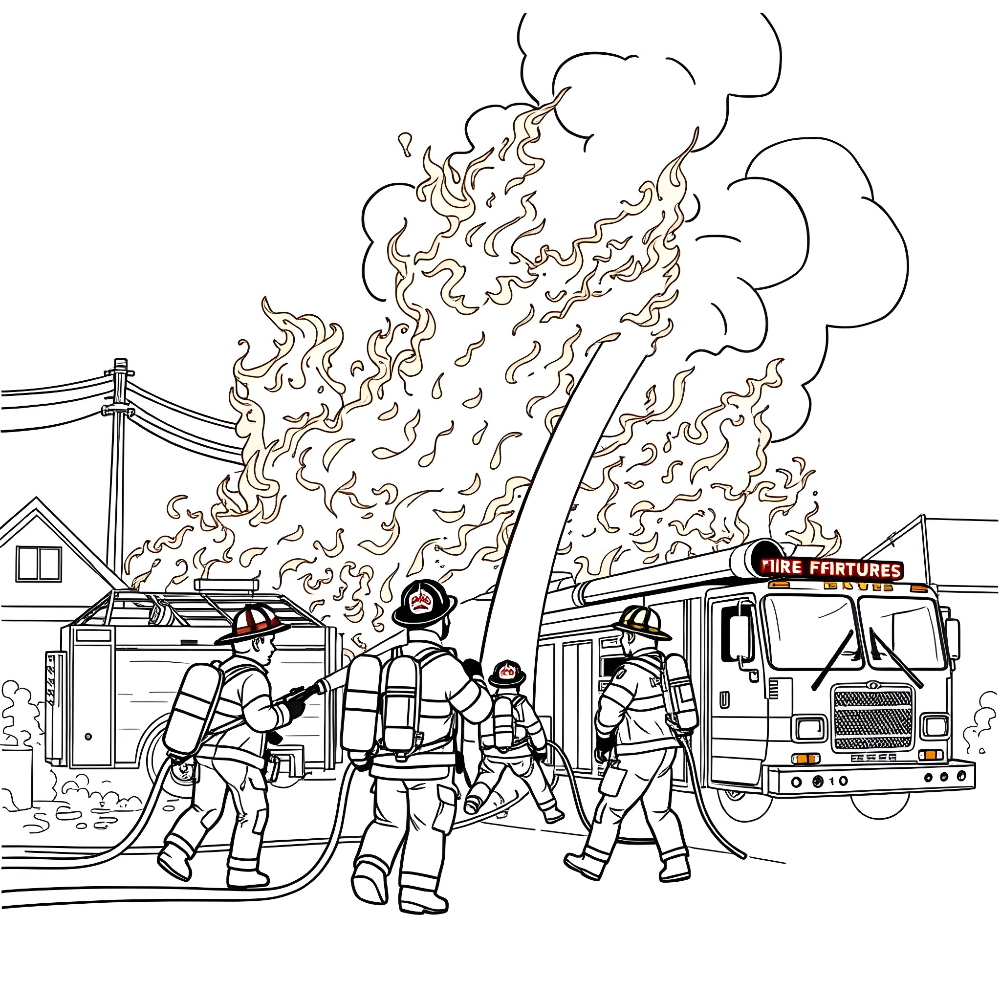 Firefighters battling a blaze at a fire station Coloring Page (free black-and-white line drawing printable PDF for all, from beginners to advanced learners, including children, teens, adults, and seniors)