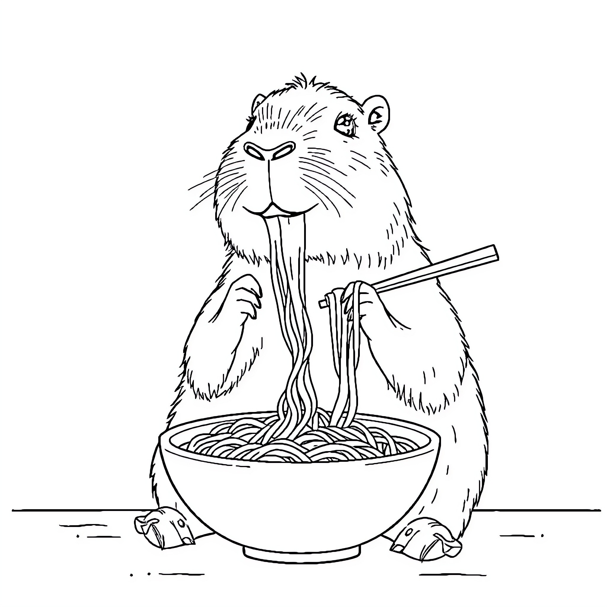 Capybara enjoying a hearty bowl of noodles Coloring Page (free black-and-white line drawing printable PDF for all, from beginners to advanced learners, including children, teens, adults, and seniors)