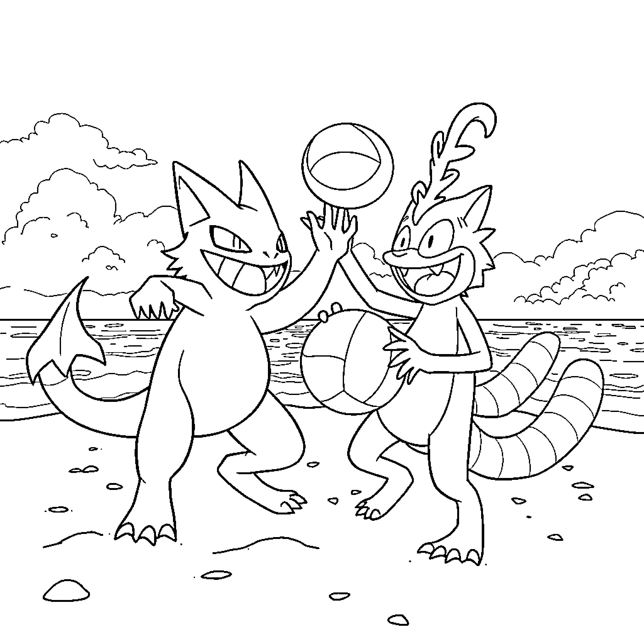 Gengar and Haunter playing mischievously on the beach Coloring Page (free black-and-white line drawing printable PDF for all, from beginners to advanced learners, including children, teens, adults, and seniors)