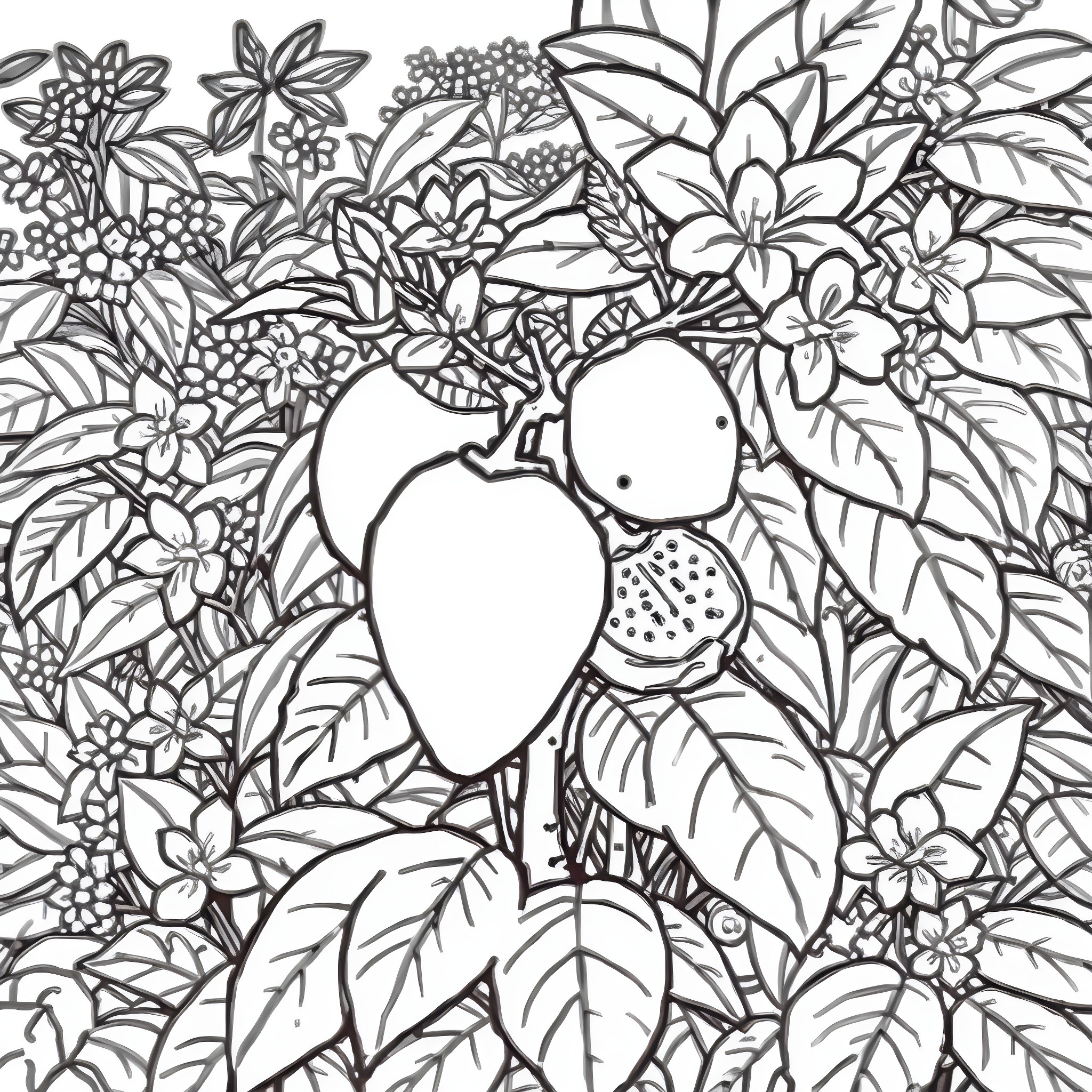 Cherimoya surrounded by tropical flowers and leaves Coloring Page (free black-and-white line drawing printable PDF for all, from beginners to advanced learners, including children, teens, adults, and seniors)