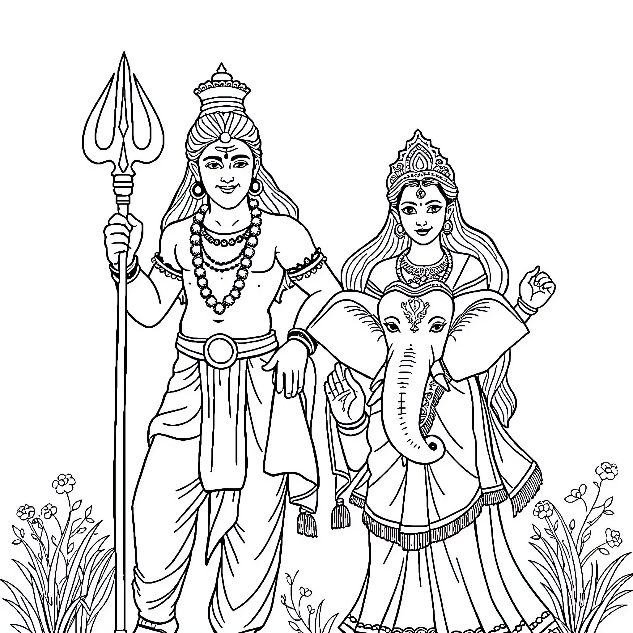 Shiv and Devi - Divine Celestial Guardians Coloring Page (free black-and-white line drawing printable PDF for all, from beginners to advanced learners, including children, teens, adults, and seniors)