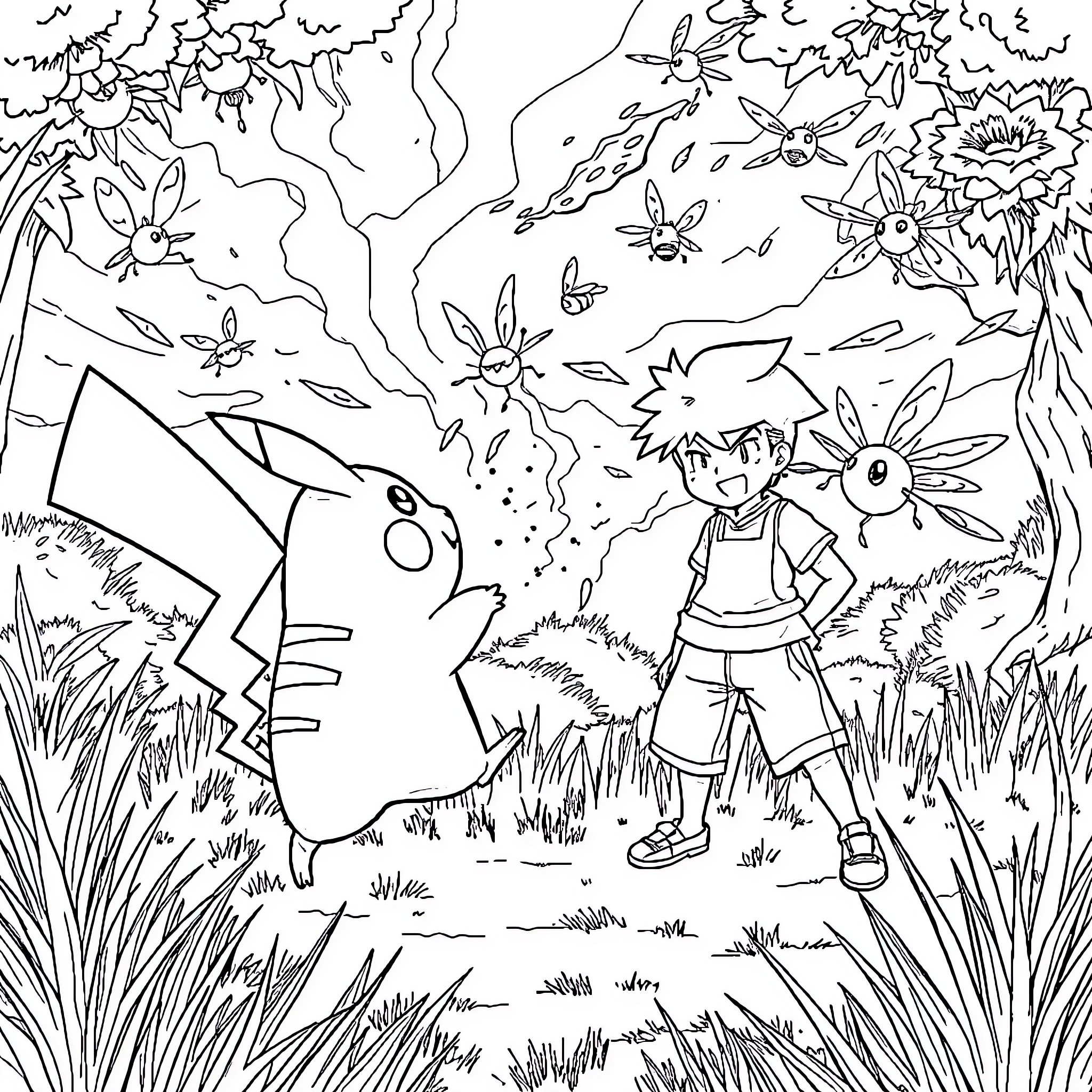 Pikachu and Ash explore the enchanted forest Coloring Page (free black-and-white line drawing printable PDF for all, from beginners to advanced learners, including children, teens, adults, and seniors)