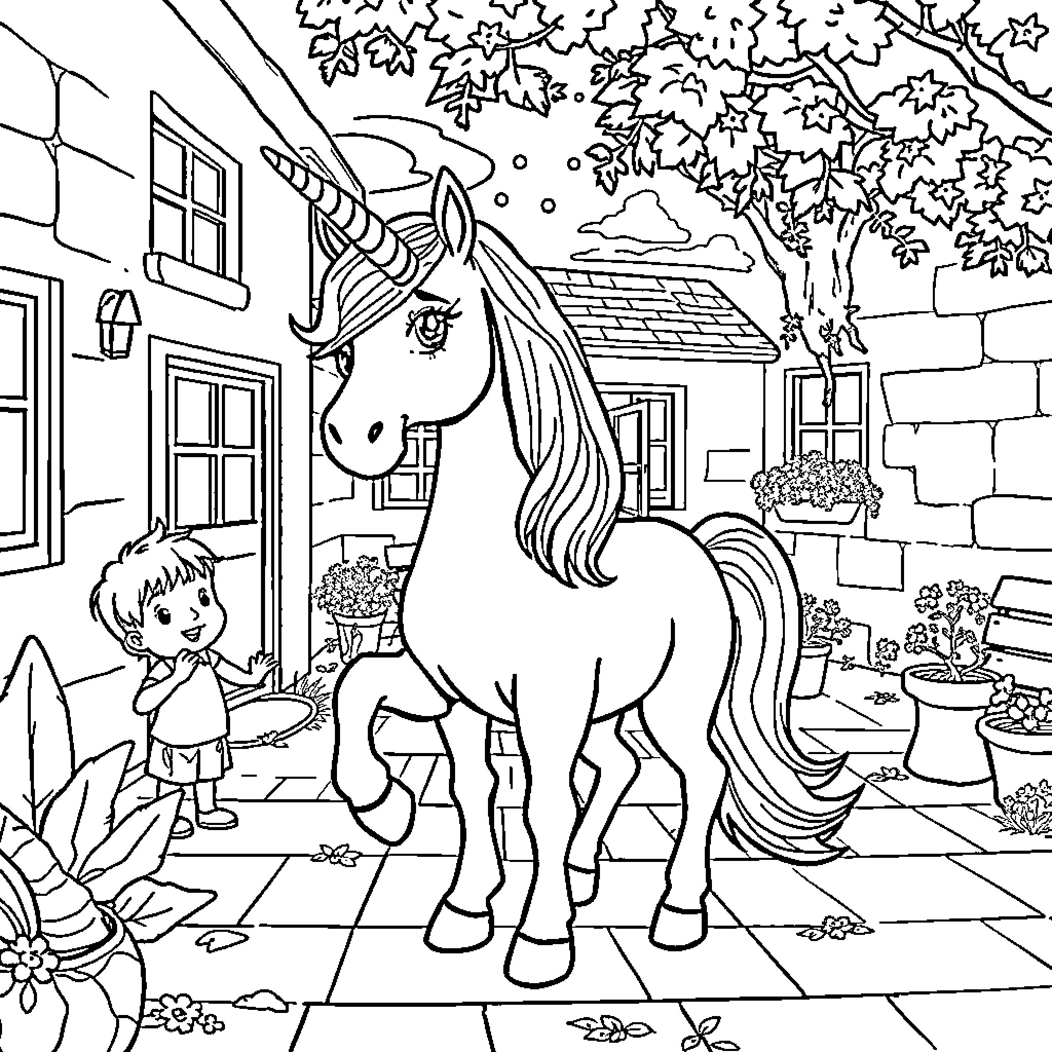 Unicorn in a Magical Cottage Garden Coloring Page (free black-and-white line drawing printable PDF for all, from beginners to advanced learners, including children, teens, adults, and seniors)