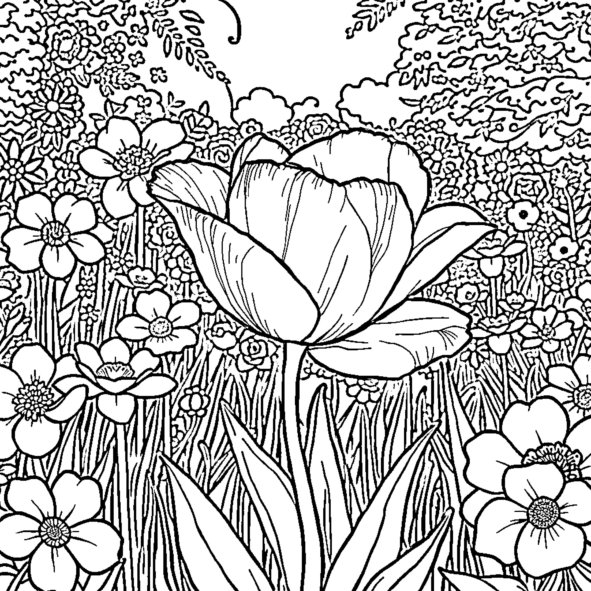 Peony Blooming Amidst Lush Floral Garden Coloring Page (free black-and-white line drawing printable PDF for all, from beginners to advanced learners, including children, teens, adults, and seniors)