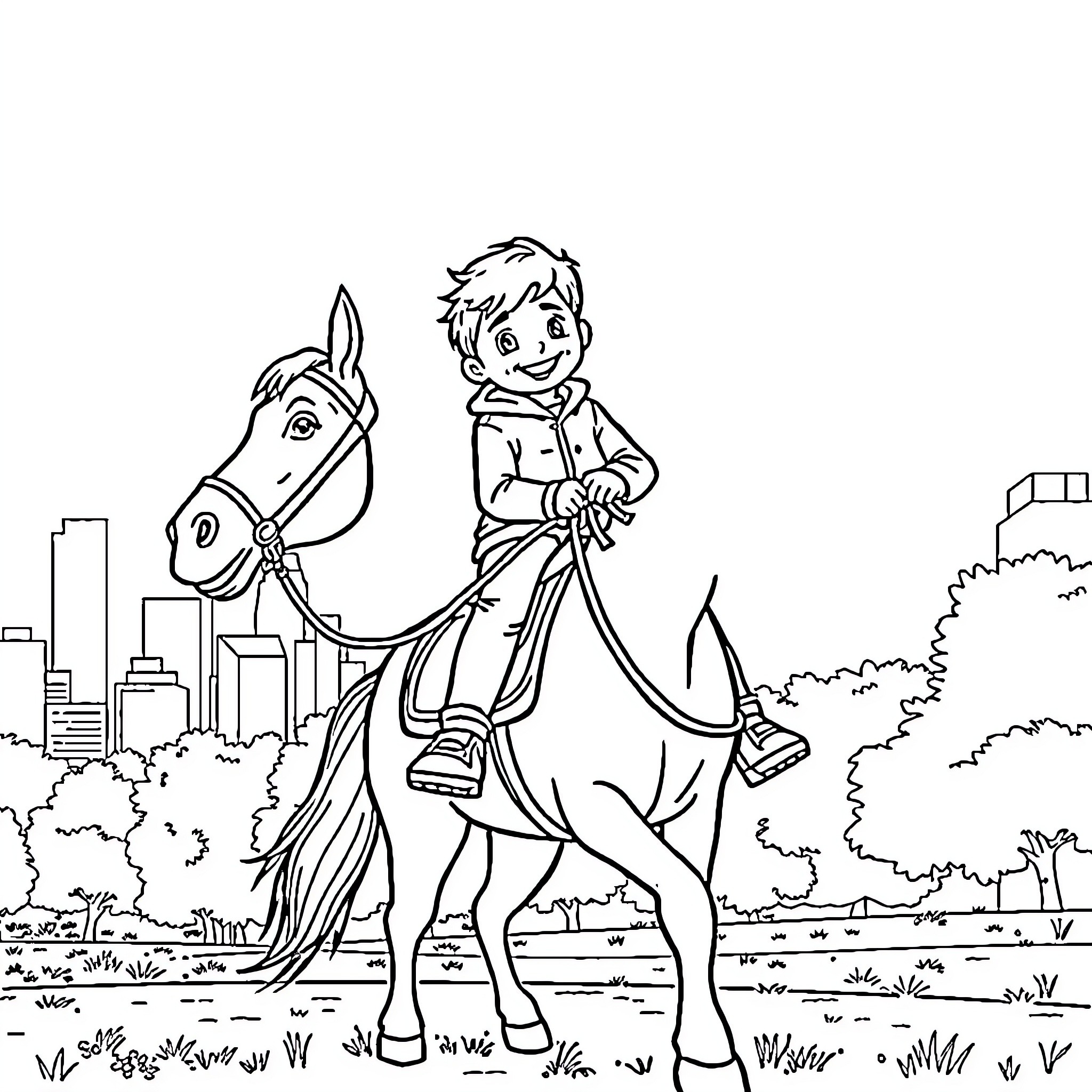 Child riding a horse in the city park Coloring Page (free black-and-white line drawing printable PDF for all, from beginners to advanced learners, including children, teens, adults, and seniors)