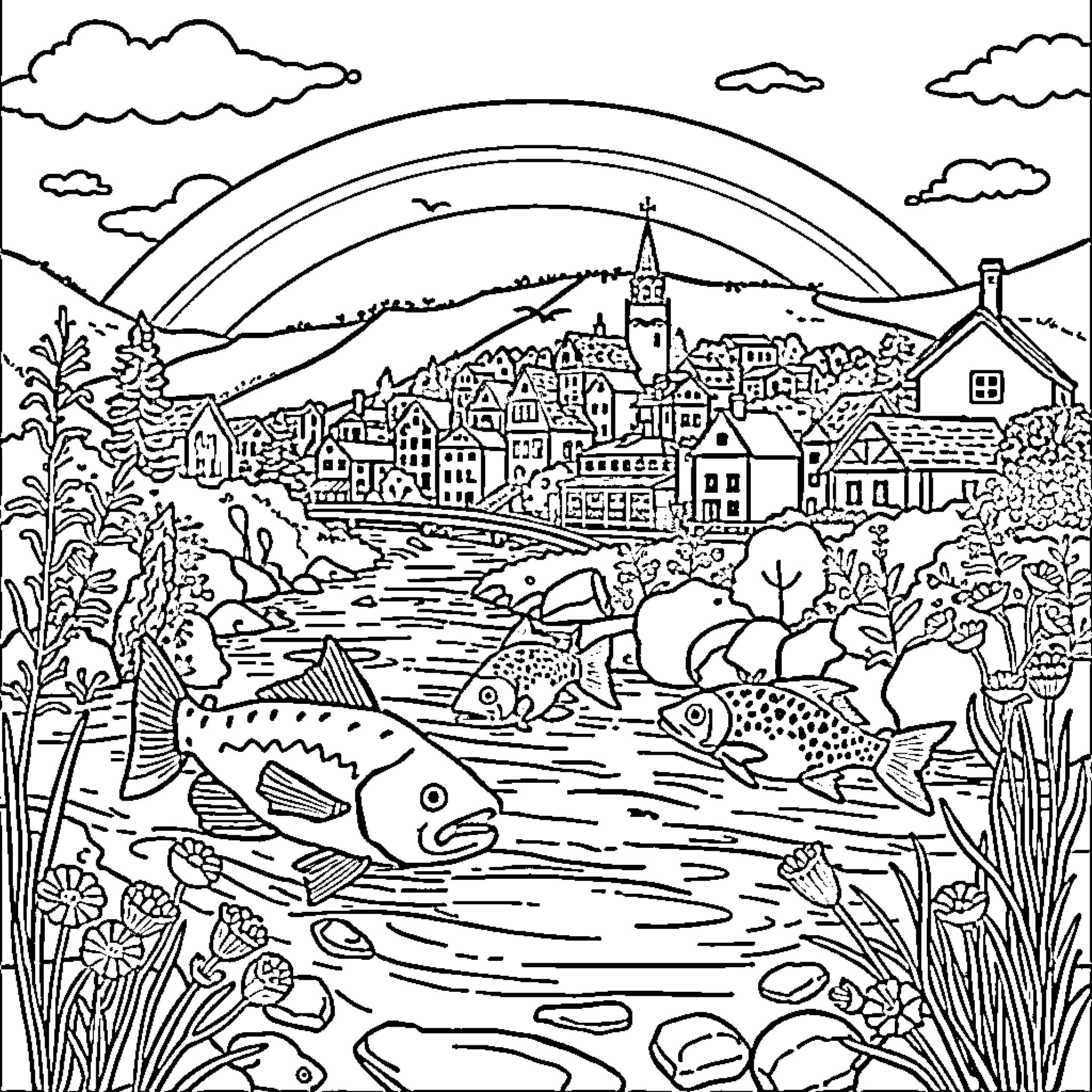 Fish swimming in the river near the village Coloring Page (free black-and-white line drawing printable PDF for all, from beginners to advanced learners, including children, teens, adults, and seniors)