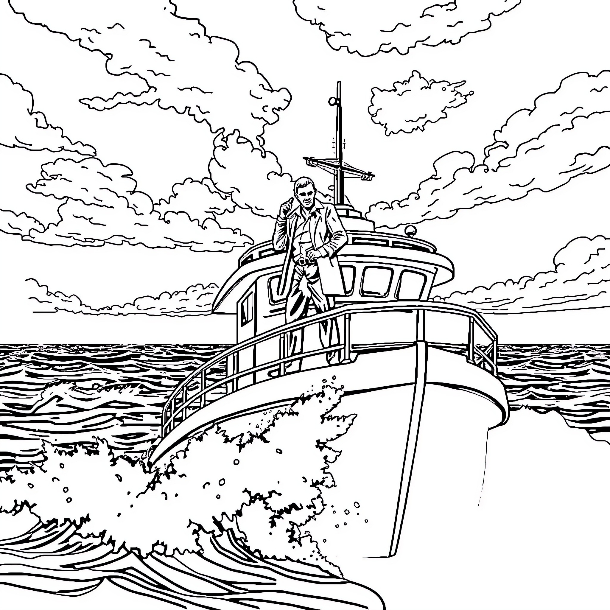 Scarface on a stormy sea journey Coloring Page (free black-and-white line drawing printable PDF for all, from beginners to advanced learners, including children, teens, adults, and seniors)