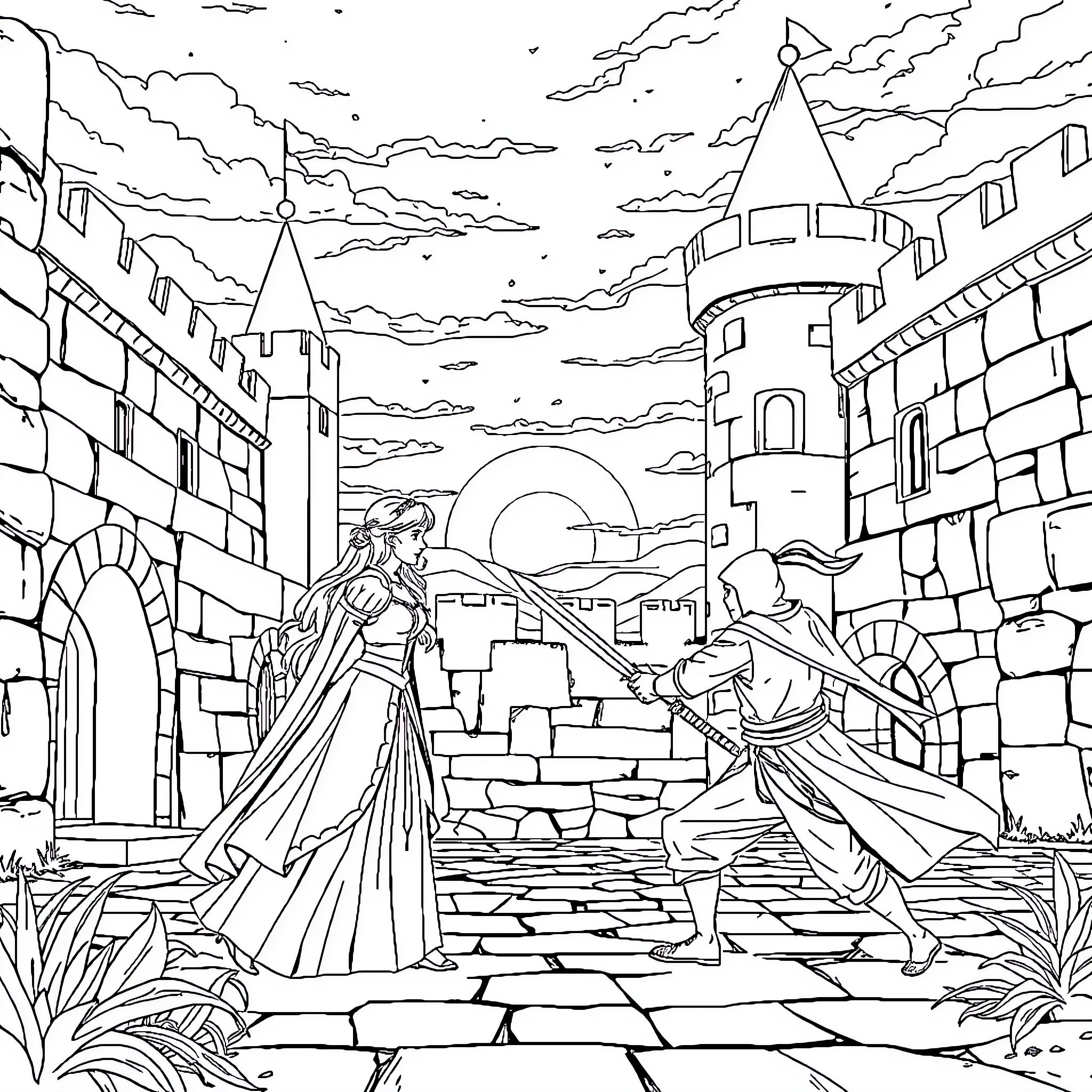 Princess Adventuring in Enchanted Castle Courtyard Coloring Page (free black-and-white line drawing printable PDF for all, from beginners to advanced learners, including children, teens, adults, and seniors)