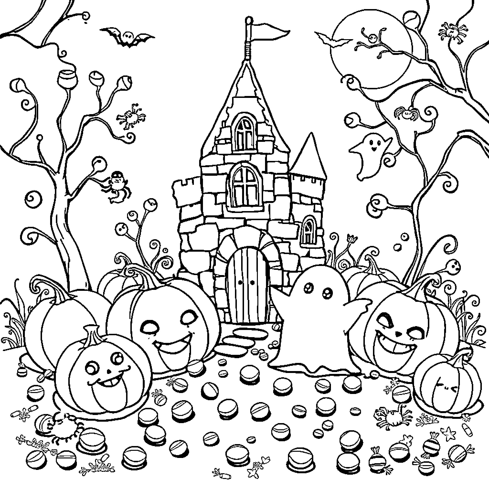 Castle Haunted Scenes with Pumpkins and Ghosts Coloring Page (free black-and-white line drawing printable PDF for all, from beginners to advanced learners, including children, teens, adults, and seniors)
