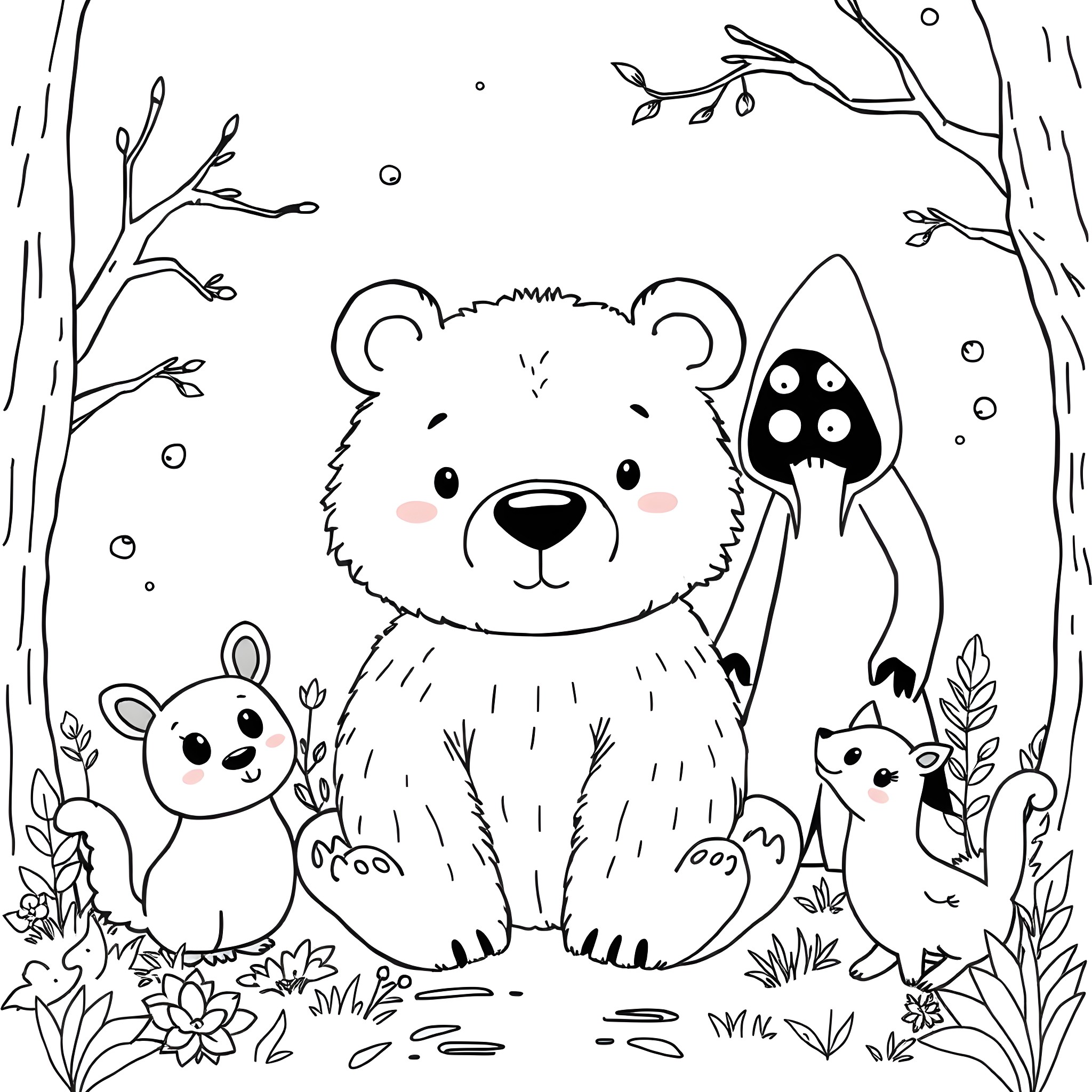 Bear and friends exploring the forest Coloring Page (free black-and-white line drawing printable PDF for all, from beginners to advanced learners, including children, teens, adults, and seniors)