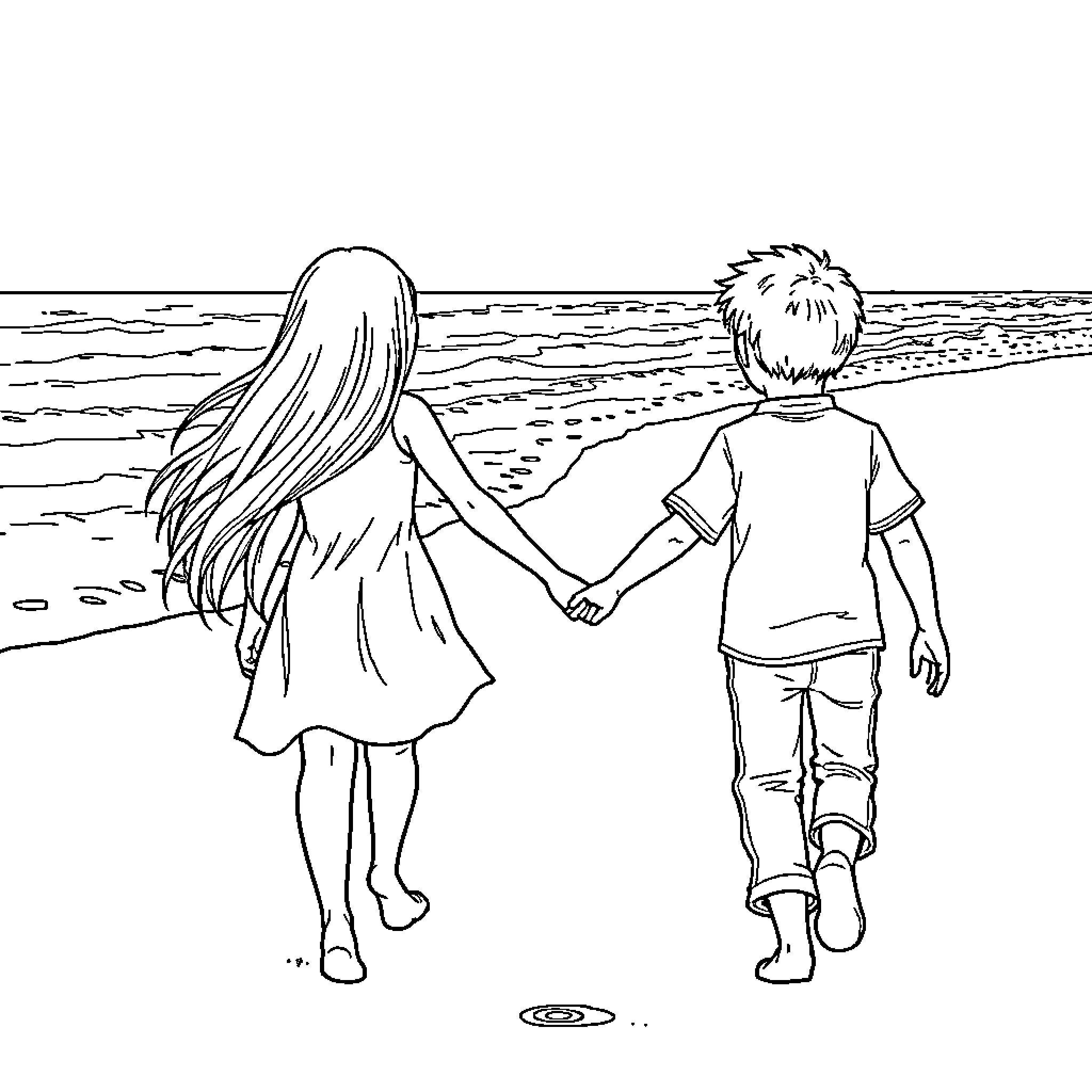 Girl and Boy Walking Together on the Beach Coloring Page (free black-and-white line drawing printable PDF for all, from beginners to advanced learners, including children, teens, adults, and seniors)