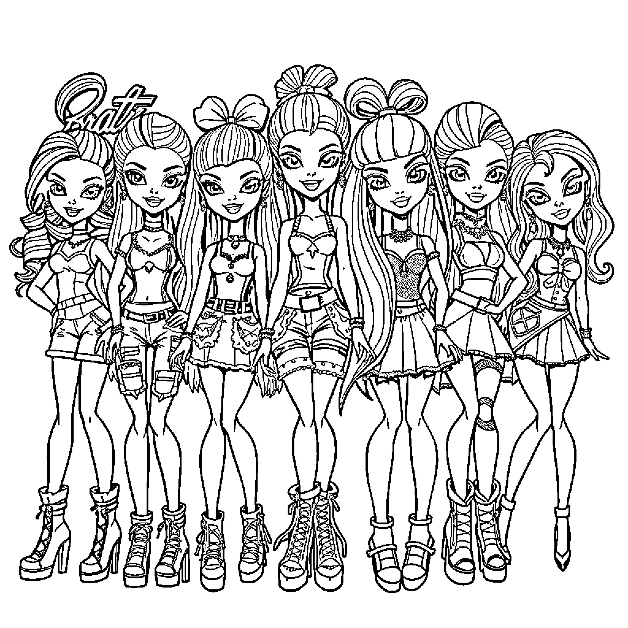 Bratz doll group posing with trendy outfits Coloring Page (free black-and-white line drawing printable PDF for all, from beginners to advanced learners, including children, teens, adults, and seniors)