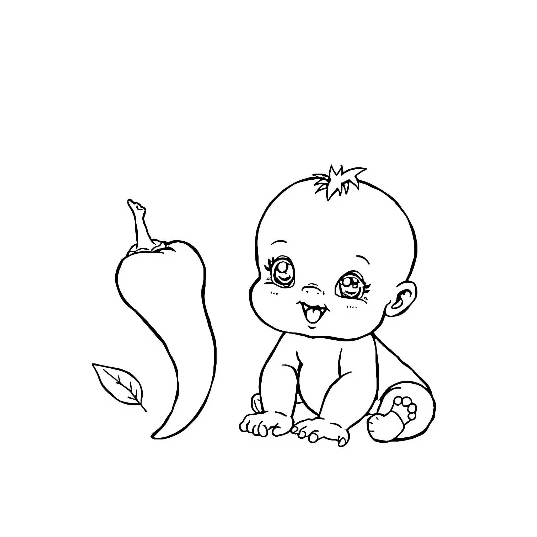 Chilli Pepper and Adorable Baby Coloring Page (free black-and-white line drawing printable PDF for all, from beginners to advanced learners, including children, teens, adults, and seniors)