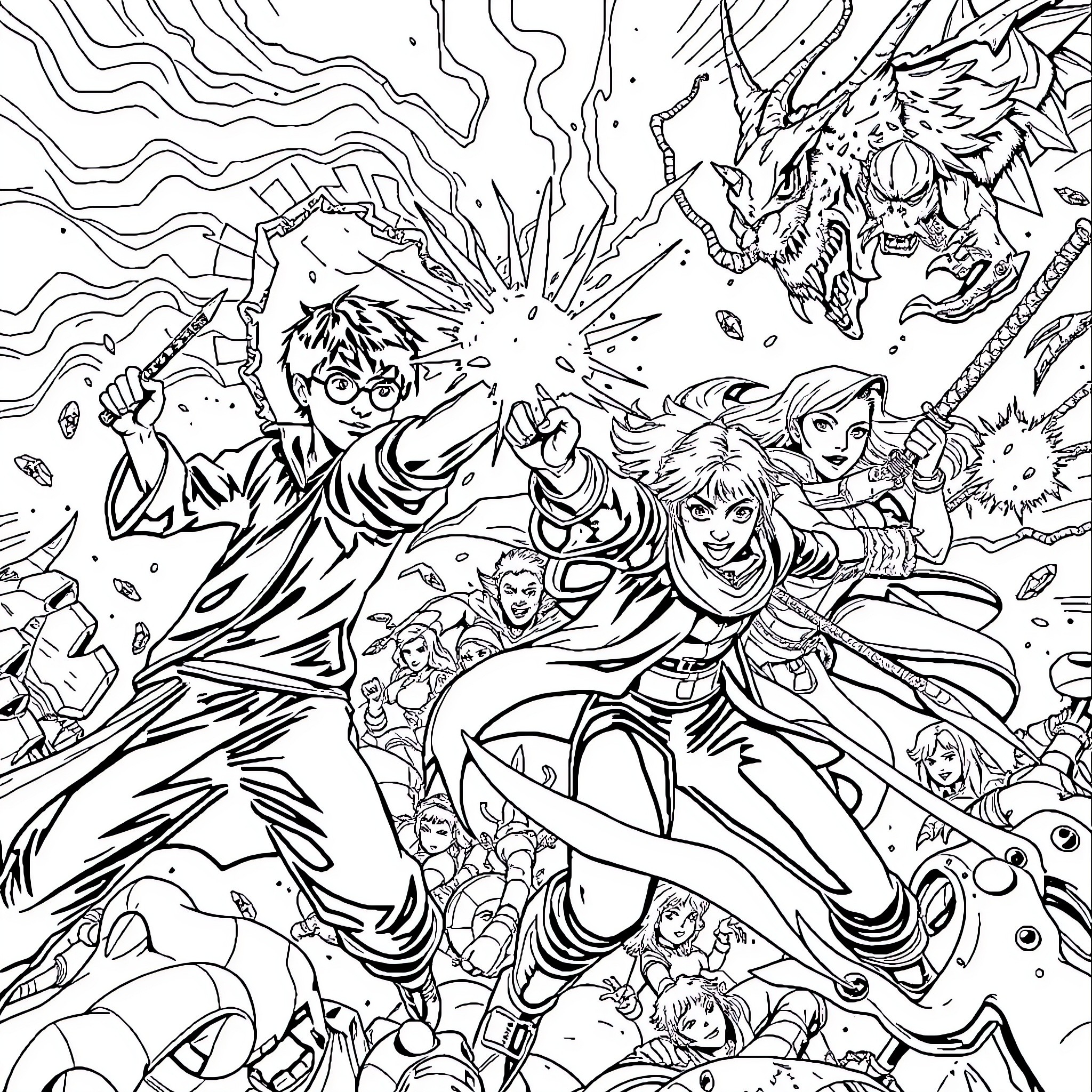 Character Facing Off Against Fantastical Creatures Coloring Page (free black-and-white line drawing printable PDF for all, from beginners to advanced learners, including children, teens, adults, and seniors)
