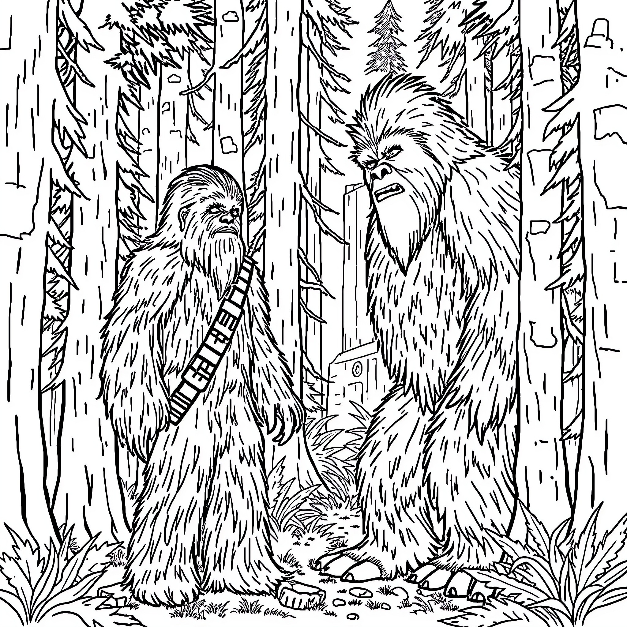 Chewbacca and companion explore the forest wilderness Coloring Page (free black-and-white line drawing printable PDF for all, from beginners to advanced learners, including children, teens, adults, and seniors)
