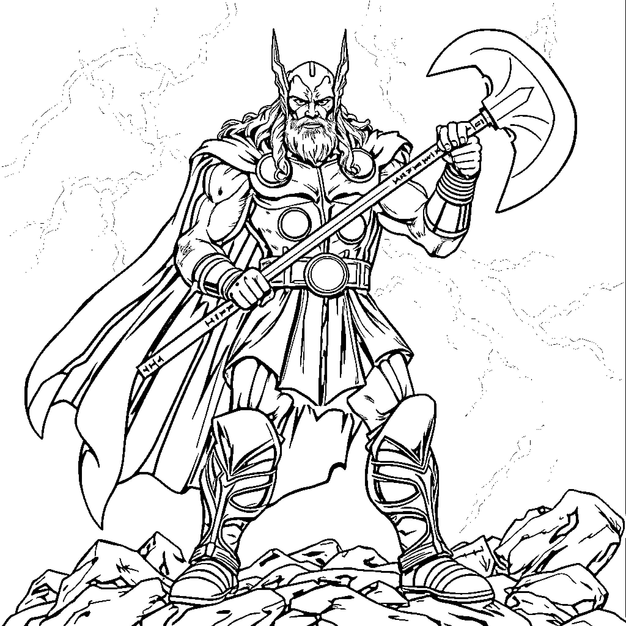 Thor, the Mighty Warrior in Action Coloring Page (free black-and-white line drawing printable PDF for all, from beginners to advanced learners, including children, teens, adults, and seniors)