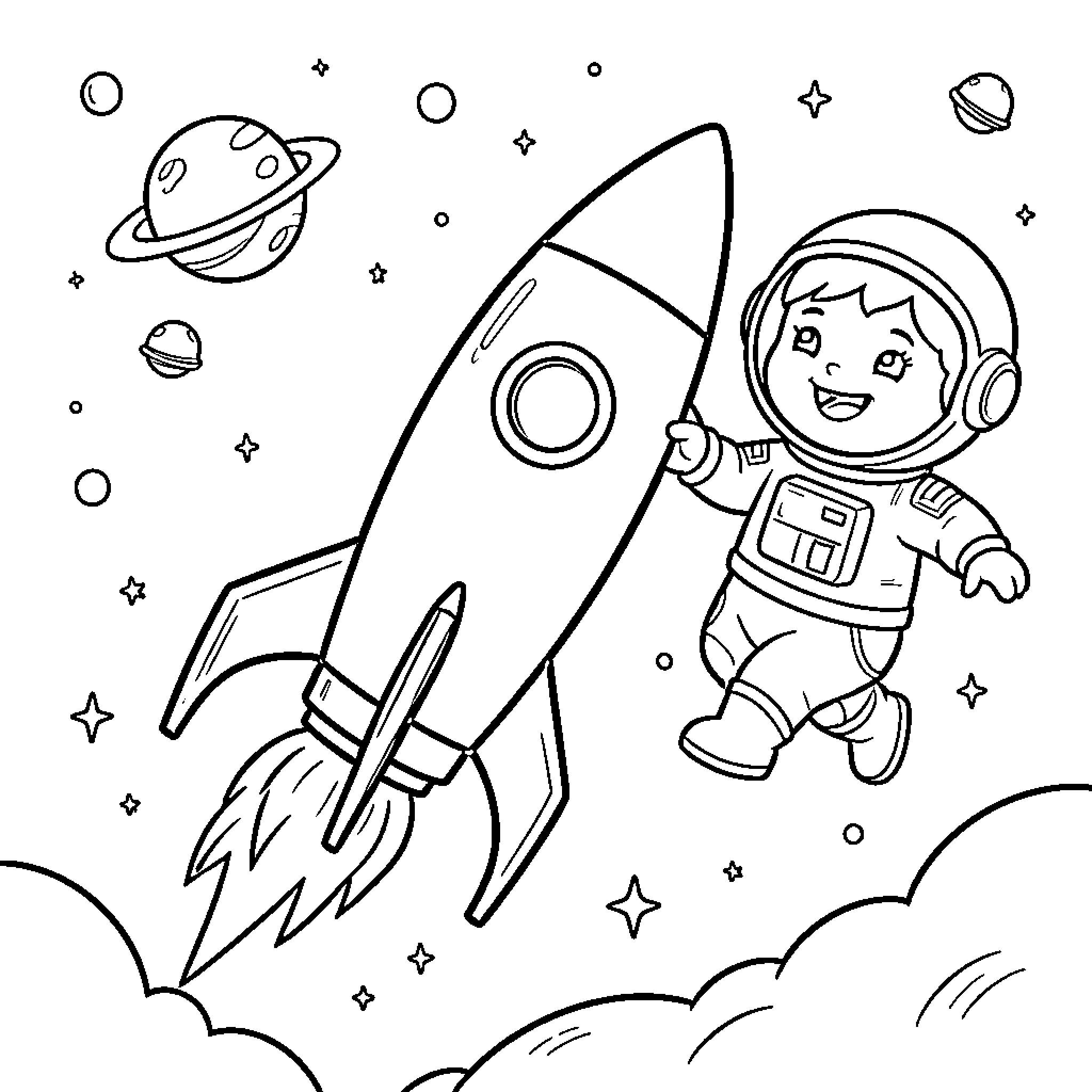 SpaceX astronaut floating joyfully alongside a soaring rocket Coloring Page (free black-and-white line drawing printable PDF for all, from beginners to advanced learners, including children, teens, adults, and seniors)
