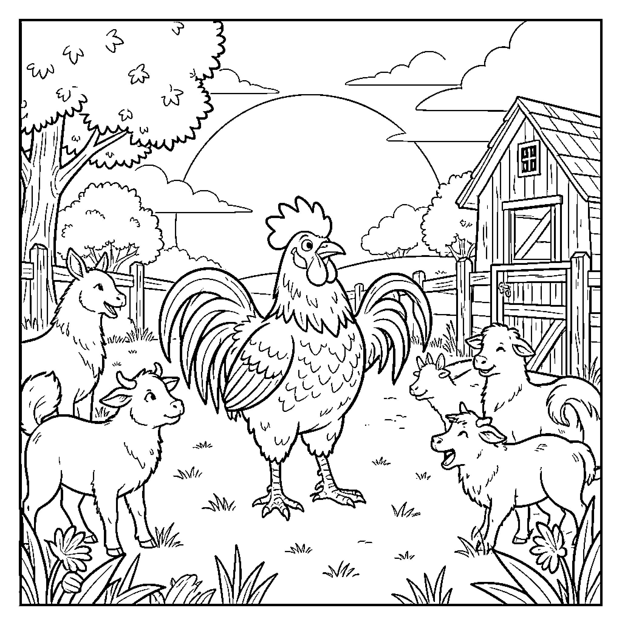 Bartolito's Farmhouse Adventure Coloring Page (free black-and-white line drawing printable PDF for all, from beginners to advanced learners, including children, teens, adults, and seniors)