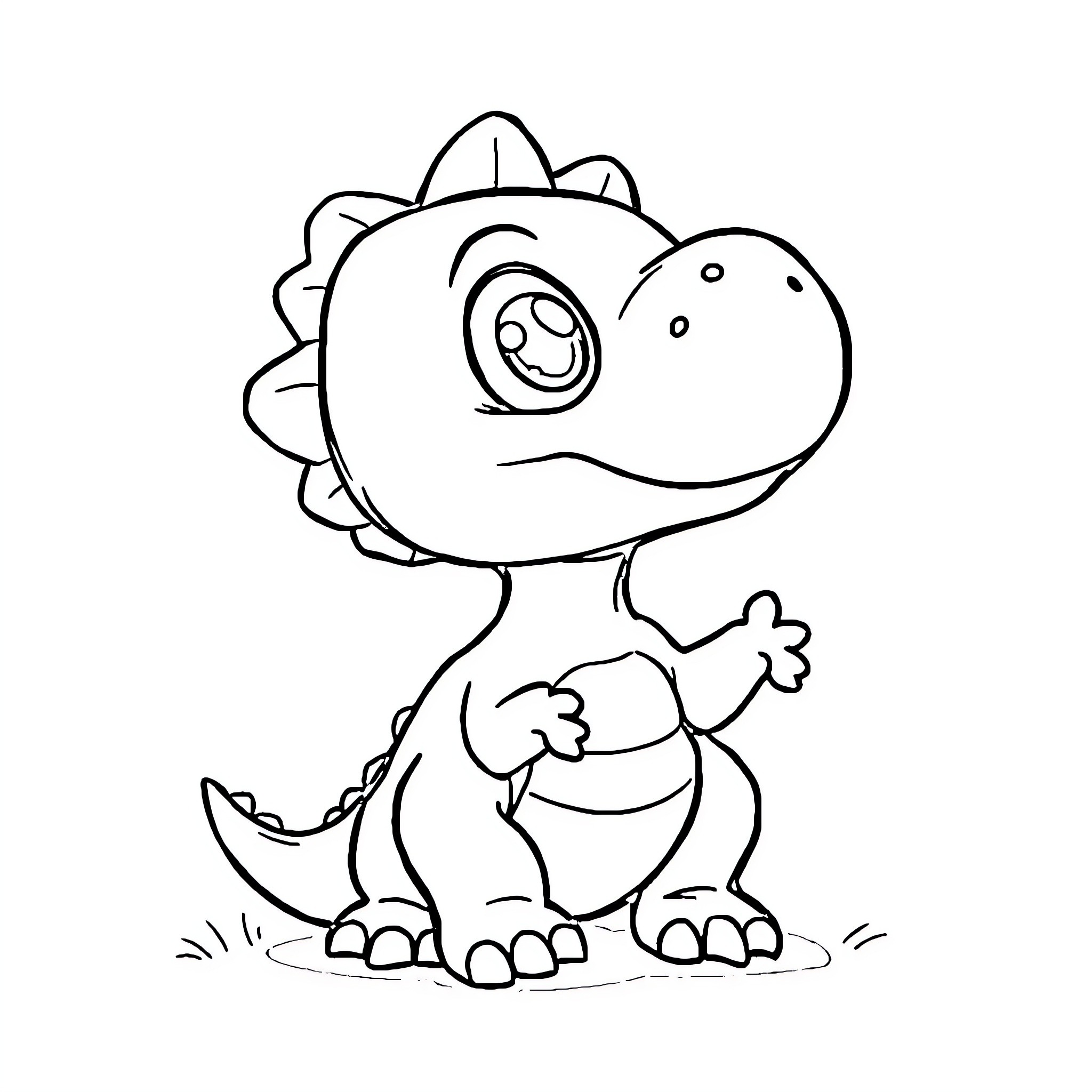 Dinosaur cartoon character posing happily Coloring Page (free black-and-white line drawing printable PDF for all, from beginners to advanced learners, including children, teens, adults, and seniors)
