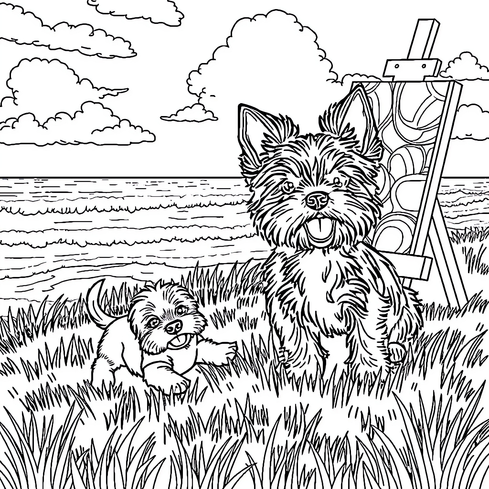 Yorkies playing together in a scenic outdoor setting Coloring Page (free black-and-white line drawing printable PDF for all, from beginners to advanced learners, including children, teens, adults, and seniors)