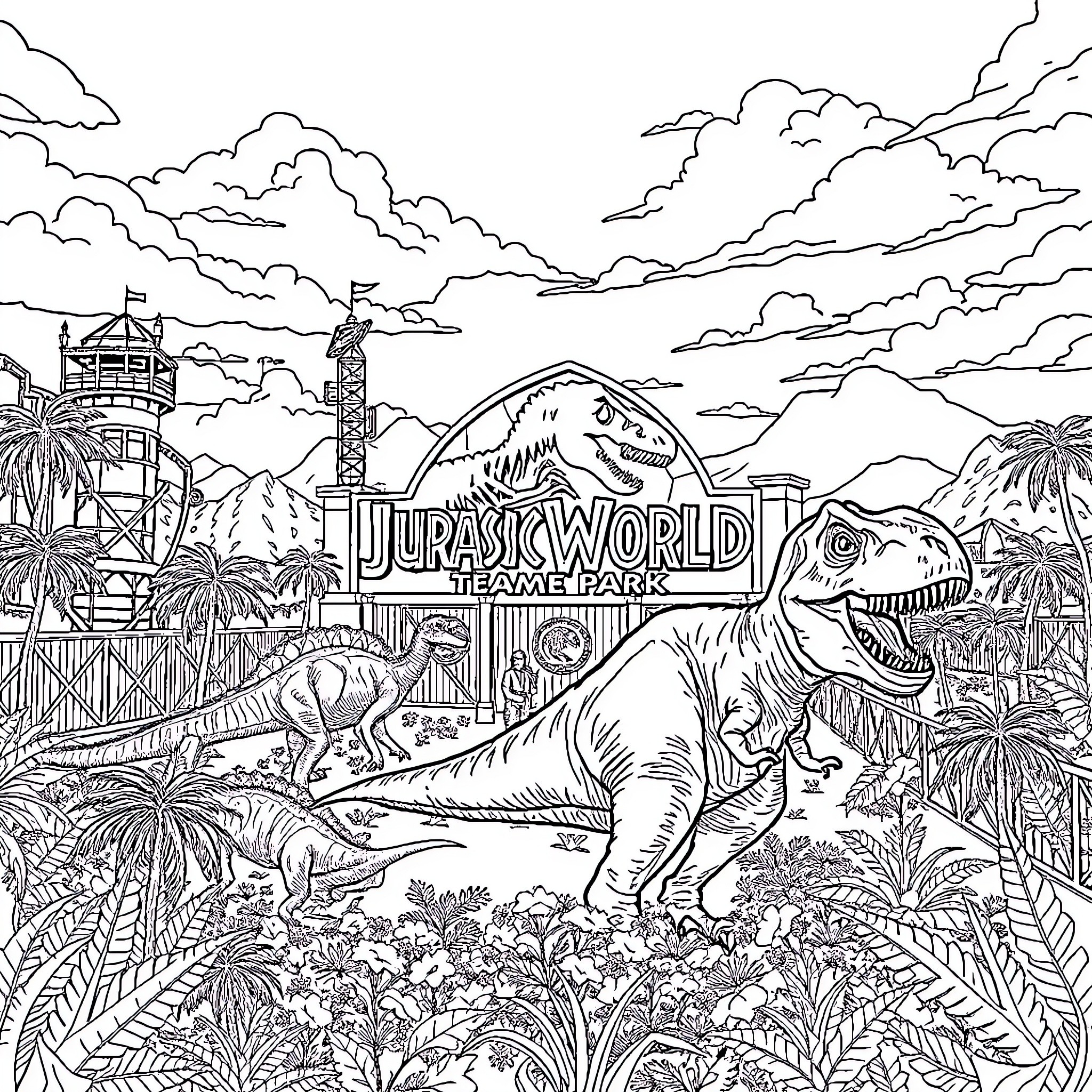 Dinosaurs roaming in the Jurassic World theme park Coloring Page (free black-and-white line drawing printable PDF for all, from beginners to advanced learners, including children, teens, adults, and seniors)