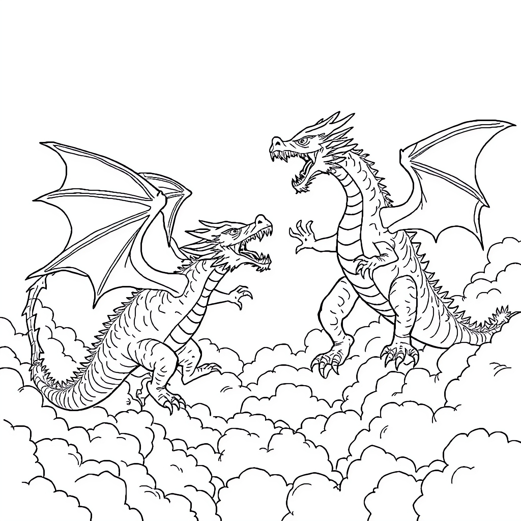 Dragon Duo Soaring Through Cloudy Skies Coloring Page (free black-and-white line drawing printable PDF for all, from beginners to advanced learners, including children, teens, adults, and seniors)