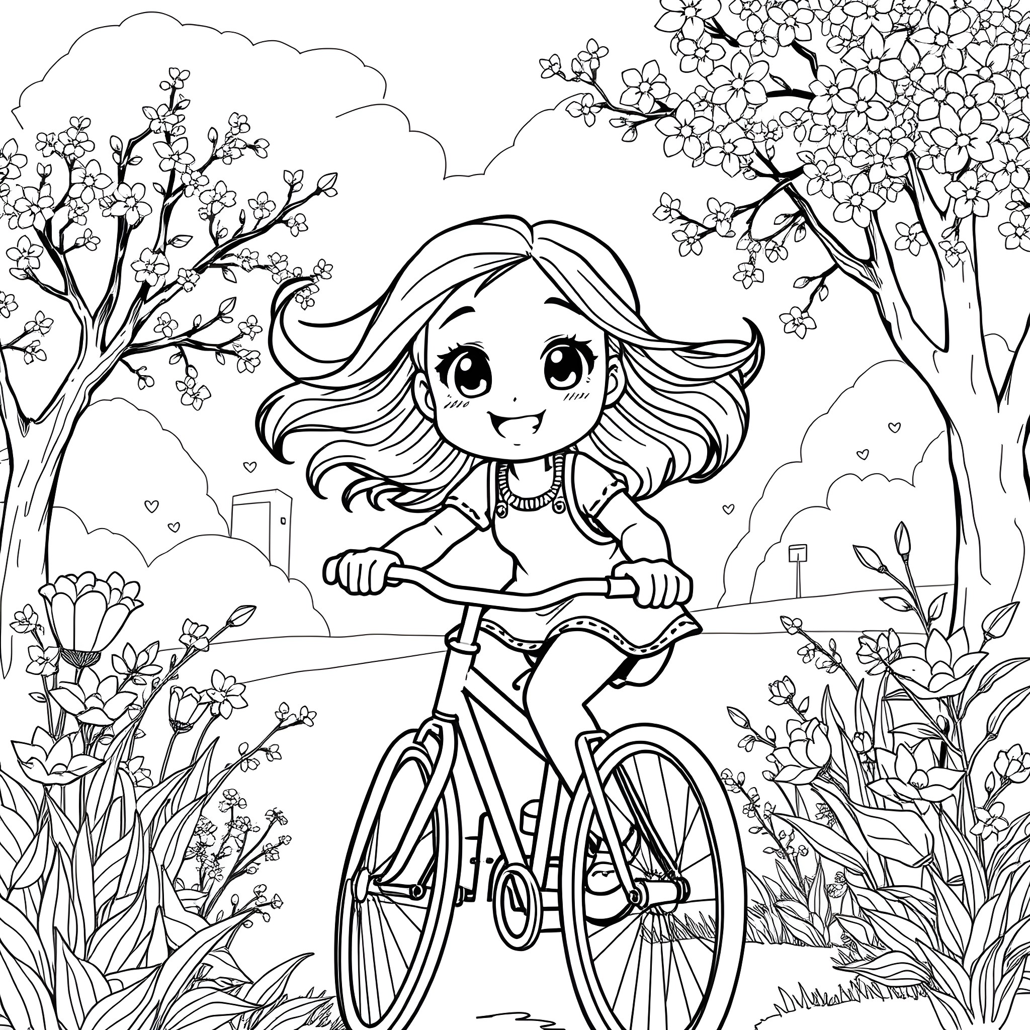 Girl Riding Bicycle in Blooming Garden Coloring Page (free black-and-white line drawing printable PDF for all, from beginners to advanced learners, including children, teens, adults, and seniors)