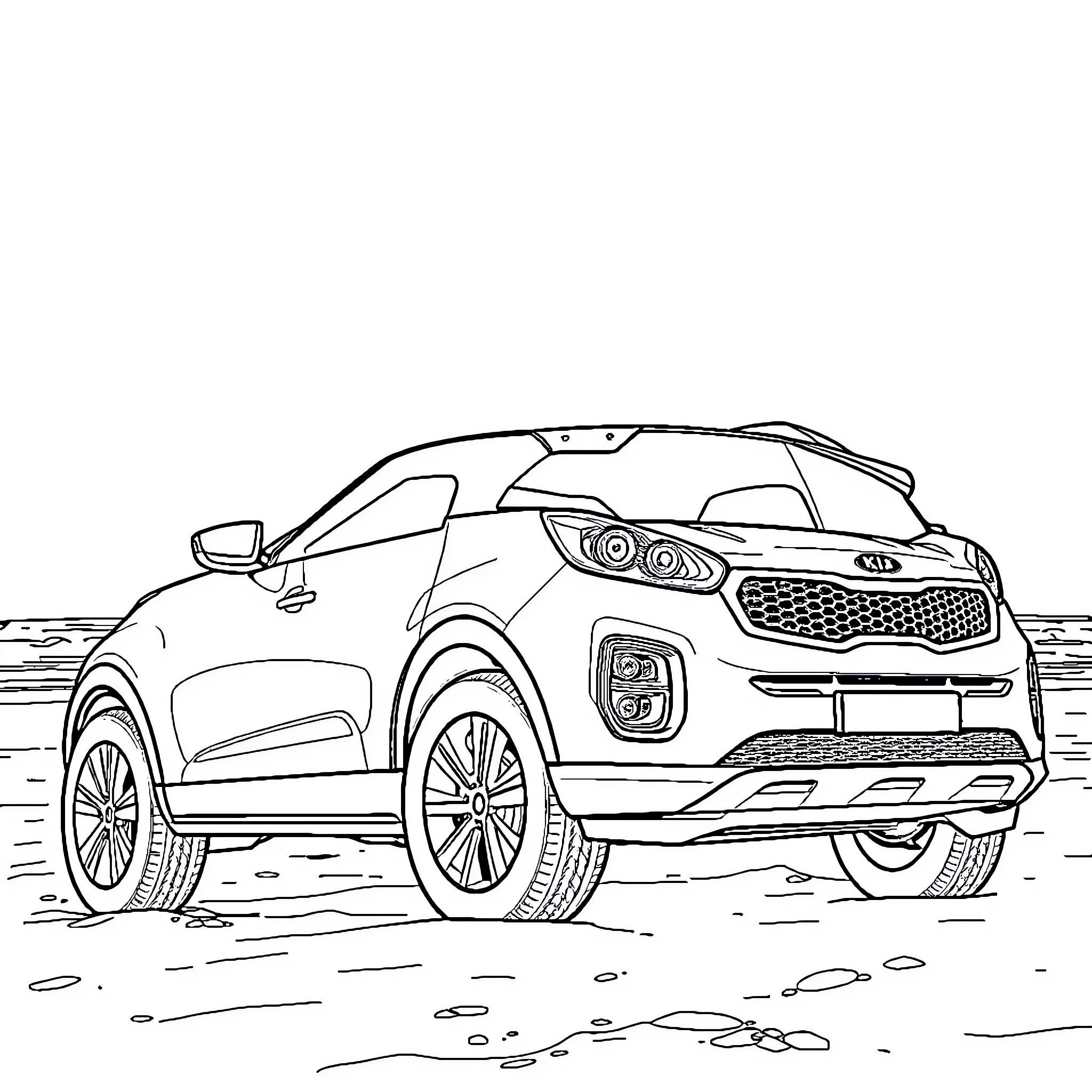 Kia Sportage off-road adventure Coloring Page (free black-and-white line drawing printable PDF for all, from beginners to advanced learners, including children, teens, adults, and seniors)
