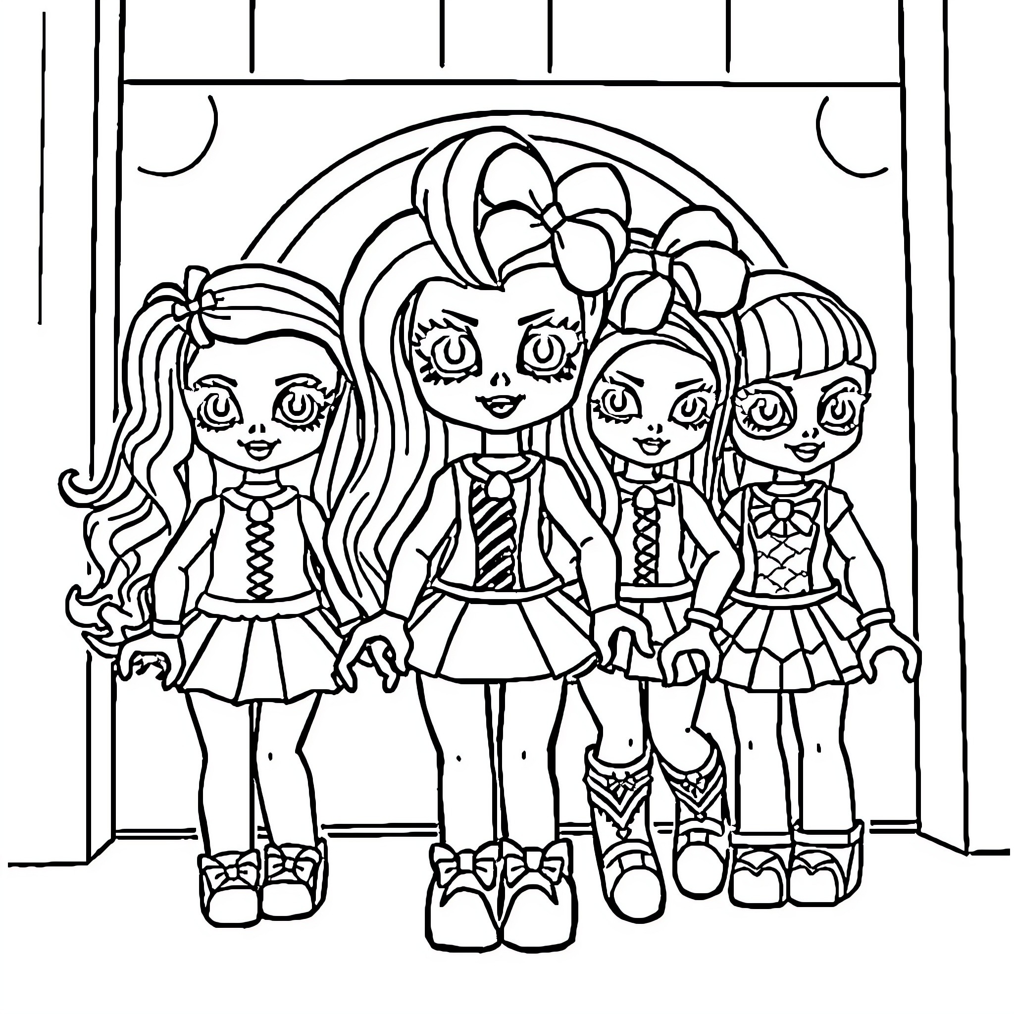 Lego Girls in Colorful Outfits and Poses Coloring Page (free black-and-white line drawing printable PDF for all, from beginners to advanced learners, including children, teens, adults, and seniors)