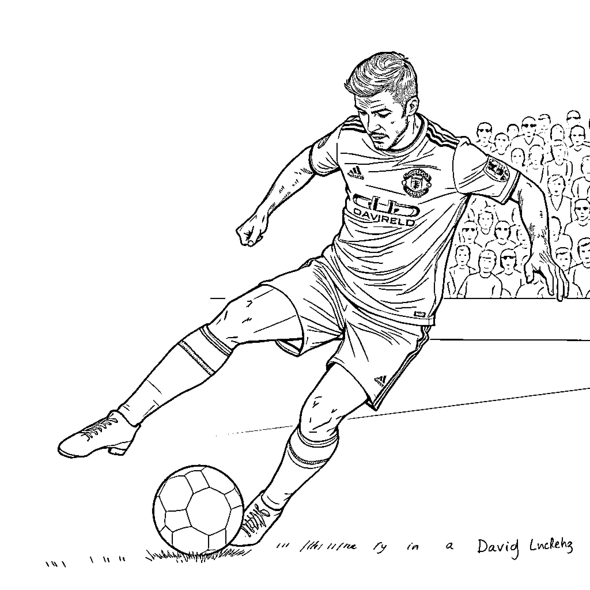 David Beckham in action on the soccer field Coloring Page (free black-and-white line drawing printable PDF for all, from beginners to advanced learners, including children, teens, adults, and seniors)