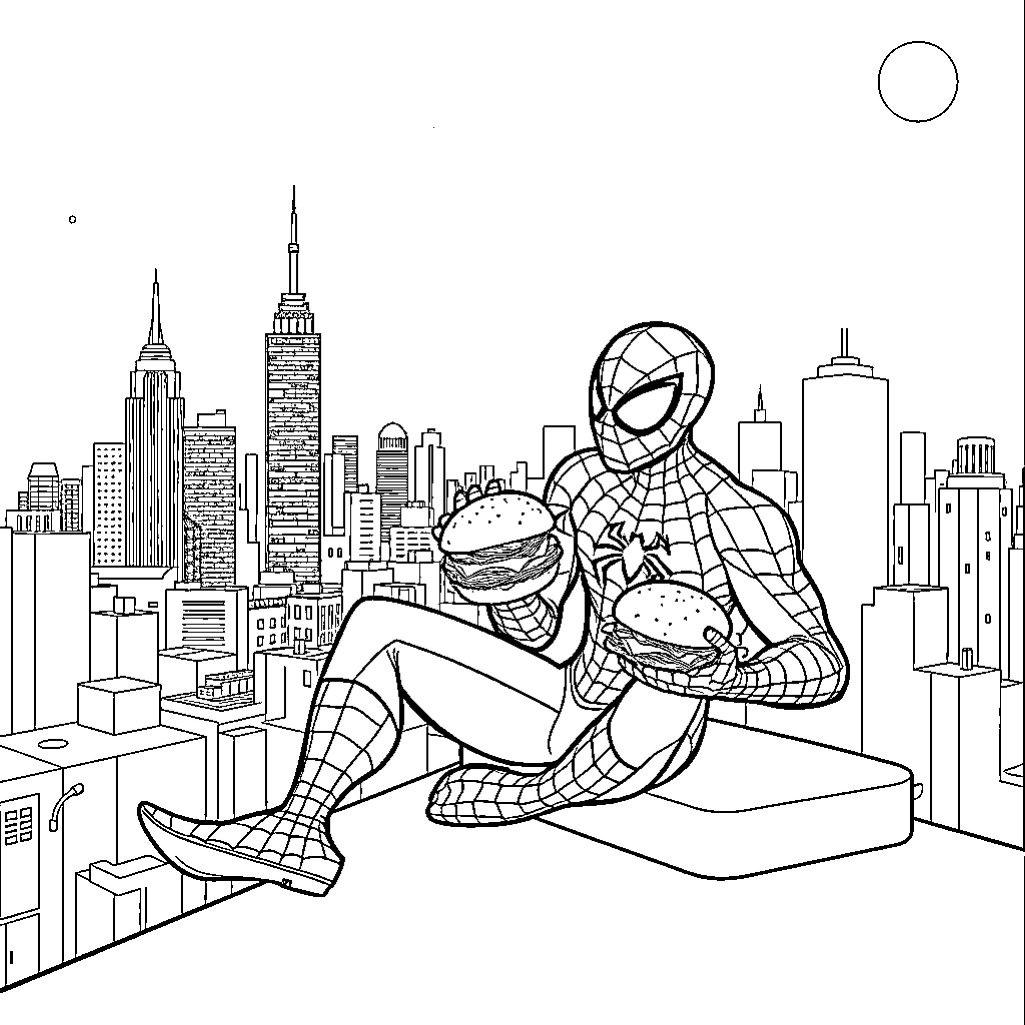 Spiderman enjoys delicious snacks in the city Coloring Page (free black-and-white line drawing printable PDF for all, from beginners to advanced learners, including children, teens, adults, and seniors)