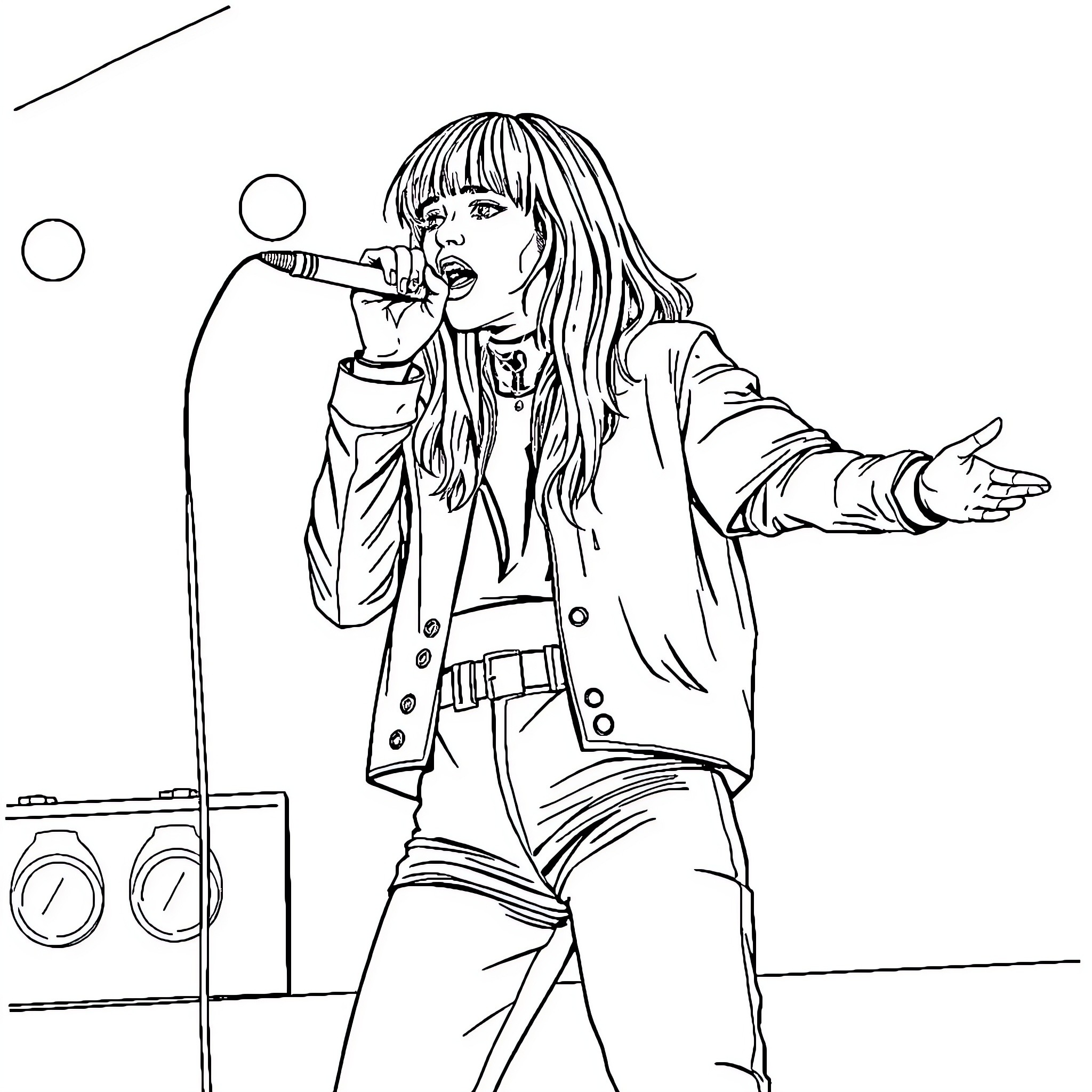 Billie Eilish performing passionately on stage Coloring Page (free black-and-white line drawing printable PDF for all, from beginners to advanced learners, including children, teens, adults, and seniors)