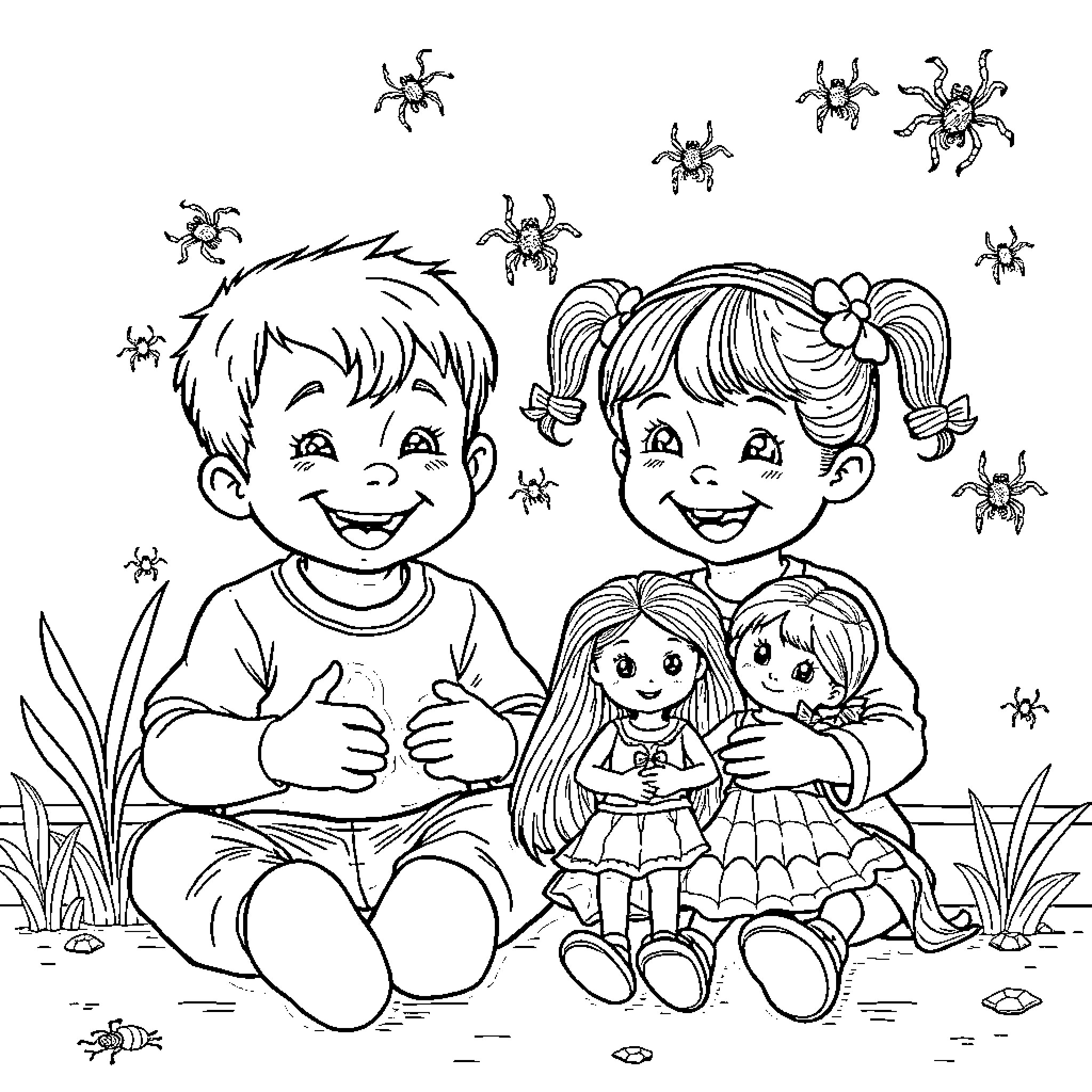 Toddlers enjoying a playful day with spiders Coloring Page (free black-and-white line drawing printable PDF for all, from beginners to advanced learners, including children, teens, adults, and seniors)
