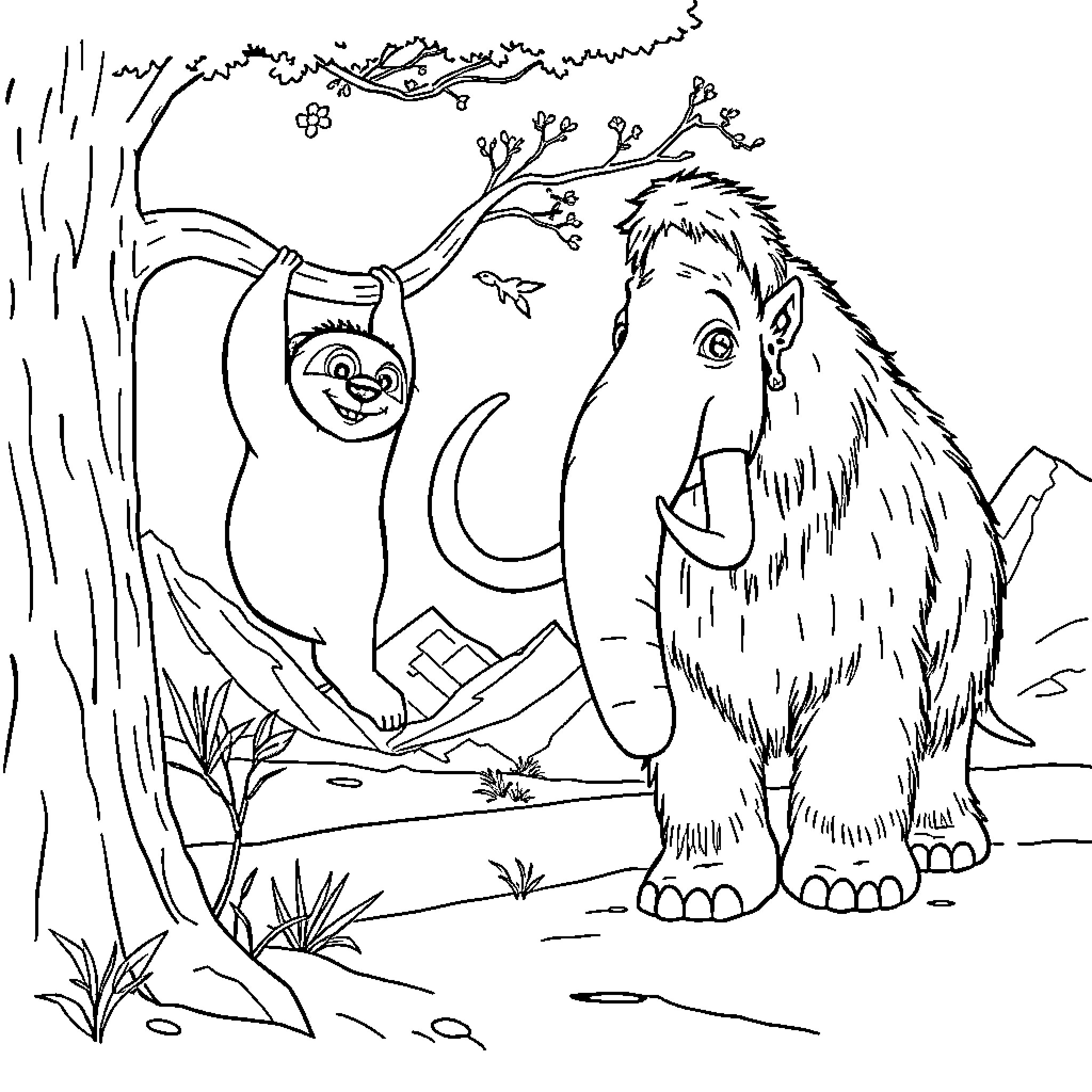 Ice Age Friends in the Wilderness Coloring Page (free black-and-white line drawing printable PDF for all, from beginners to advanced learners, including children, teens, adults, and seniors)