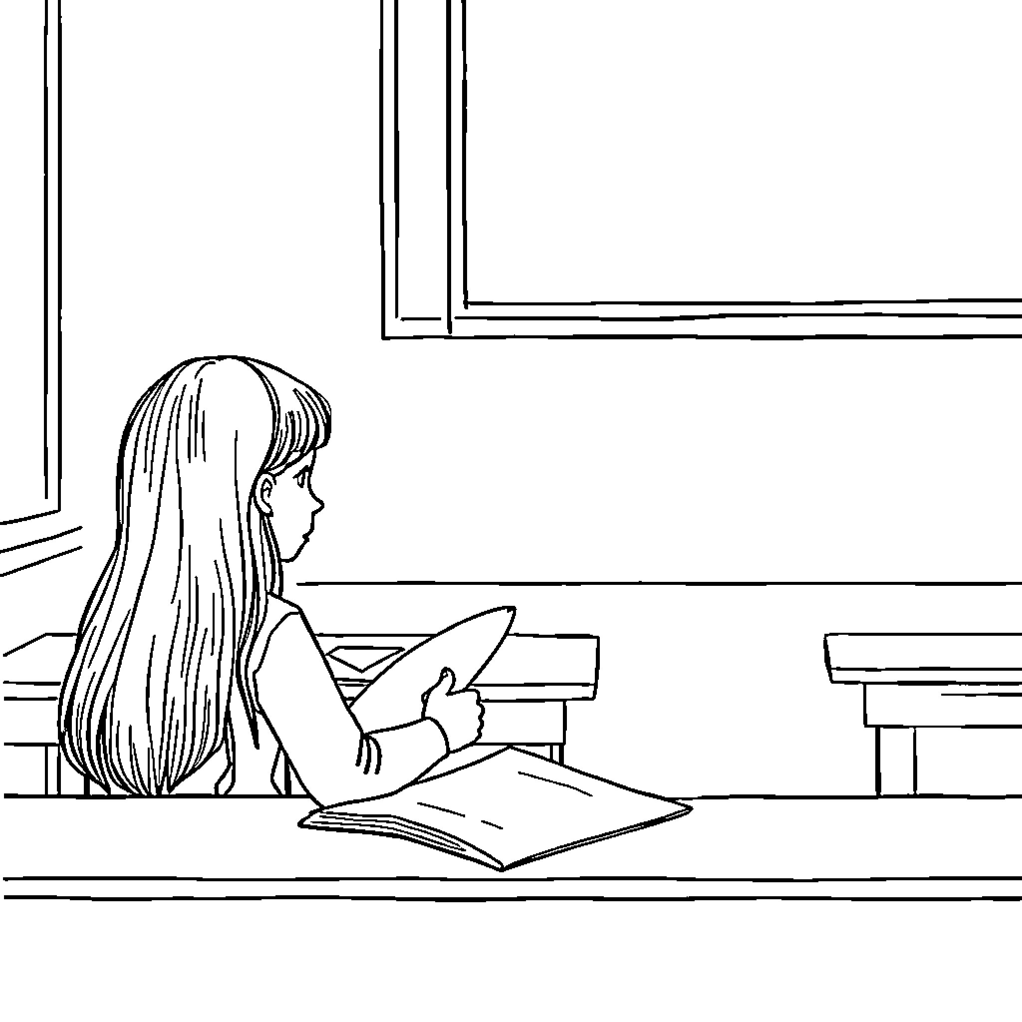 Girl studying intently at her desk Coloring Page (free black-and-white line drawing printable PDF for all, from beginners to advanced learners, including children, teens, adults, and seniors)