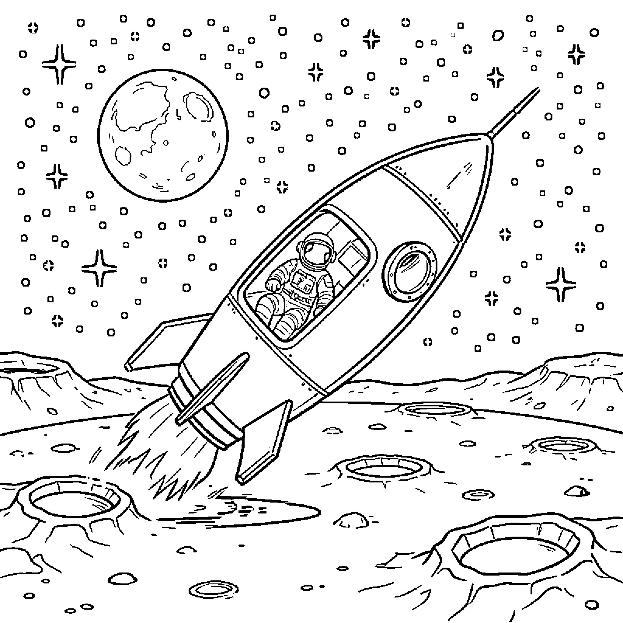 Astronaut piloting a rocket ship above the moon Coloring Page (free black-and-white line drawing printable PDF for all, from beginners to advanced learners, including children, teens, adults, and seniors)