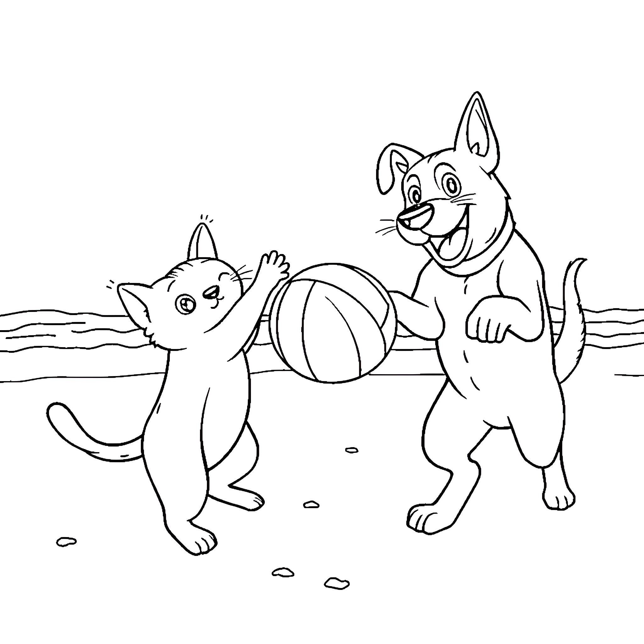 Cats playing joyfully with a beach ball Coloring Page (free black-and-white line drawing printable PDF for all, from beginners to advanced learners, including children, teens, adults, and seniors)