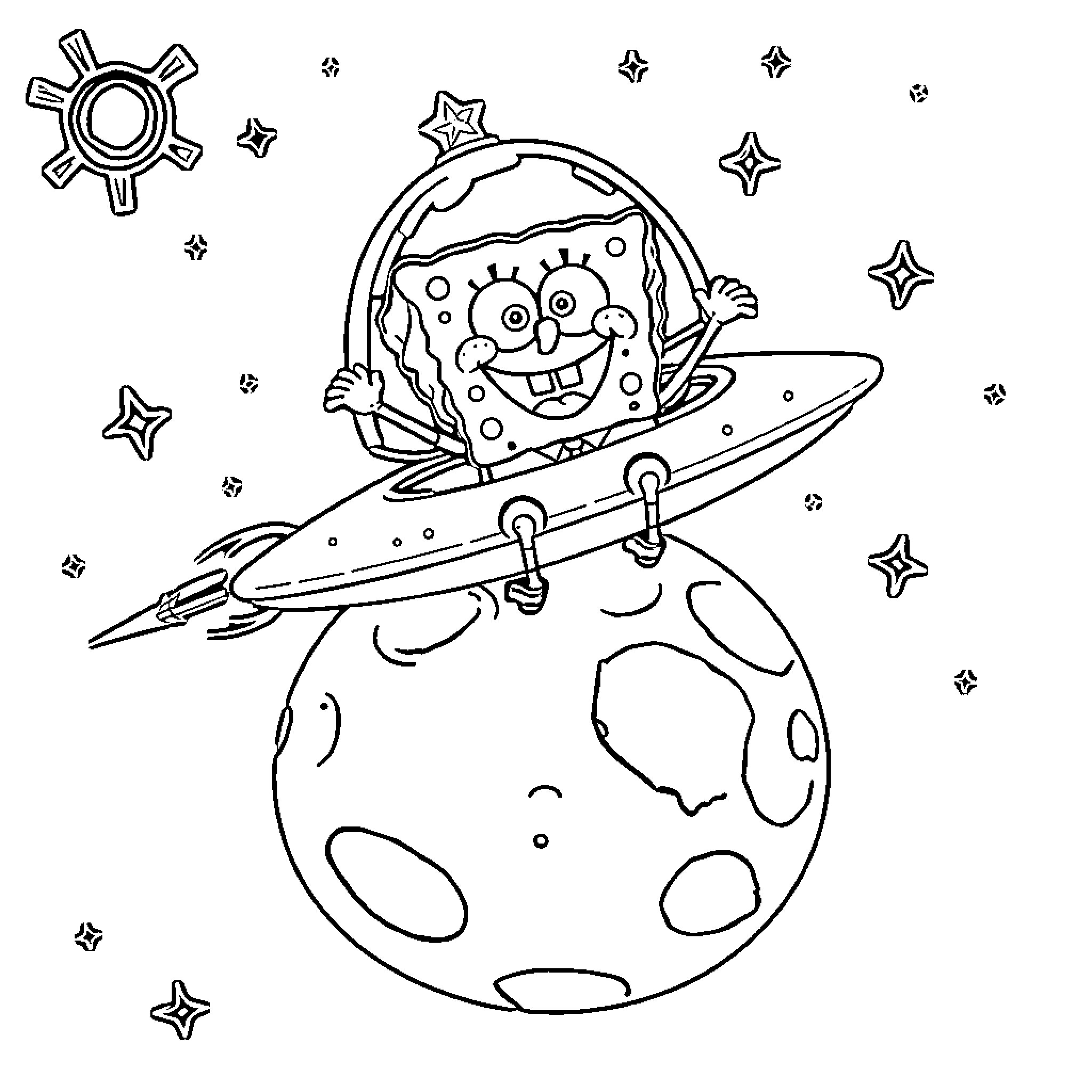 Spongebob exploring the galaxy on a rocket ship Coloring Page (free black-and-white line drawing printable PDF for all, from beginners to advanced learners, including children, teens, adults, and seniors)