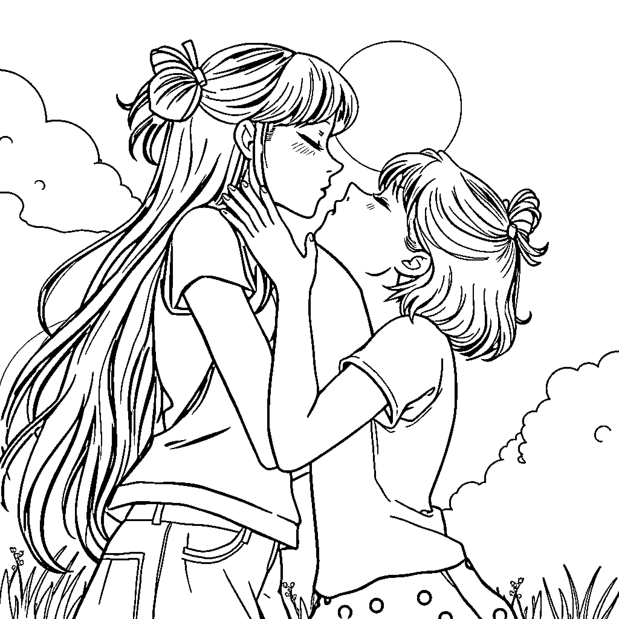 Girl enjoying tender moment with child in nature Coloring Page (free black-and-white line drawing printable PDF for all, from beginners to advanced learners, including children, teens, adults, and seniors)