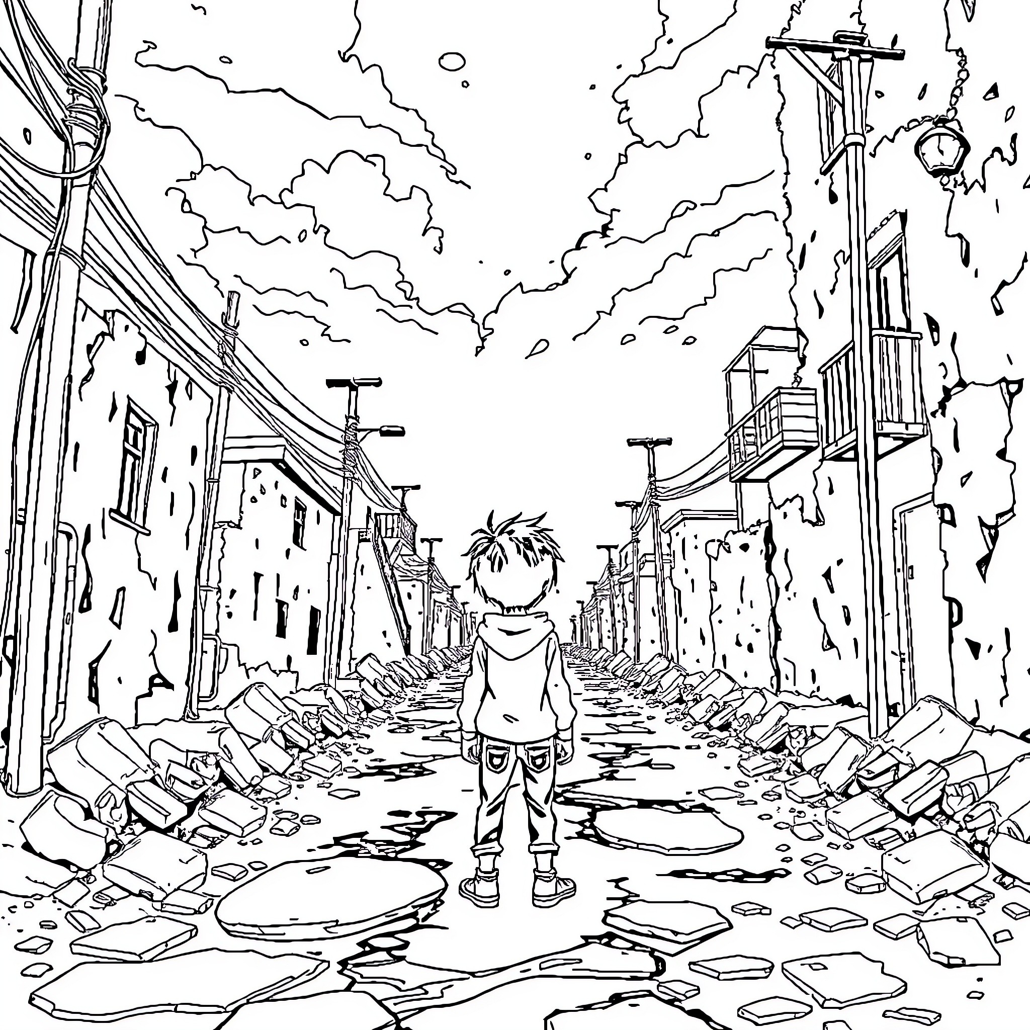 Emo Kid Exploring Desolate Urban Landscape Coloring Page (free black-and-white line drawing printable PDF for all, from beginners to advanced learners, including children, teens, adults, and seniors)
